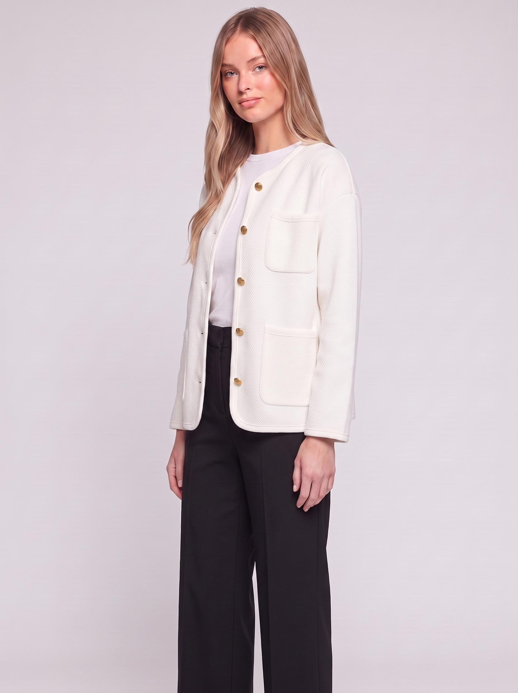 Emma White Buttoned Pocketed Jacket - three quarter v2