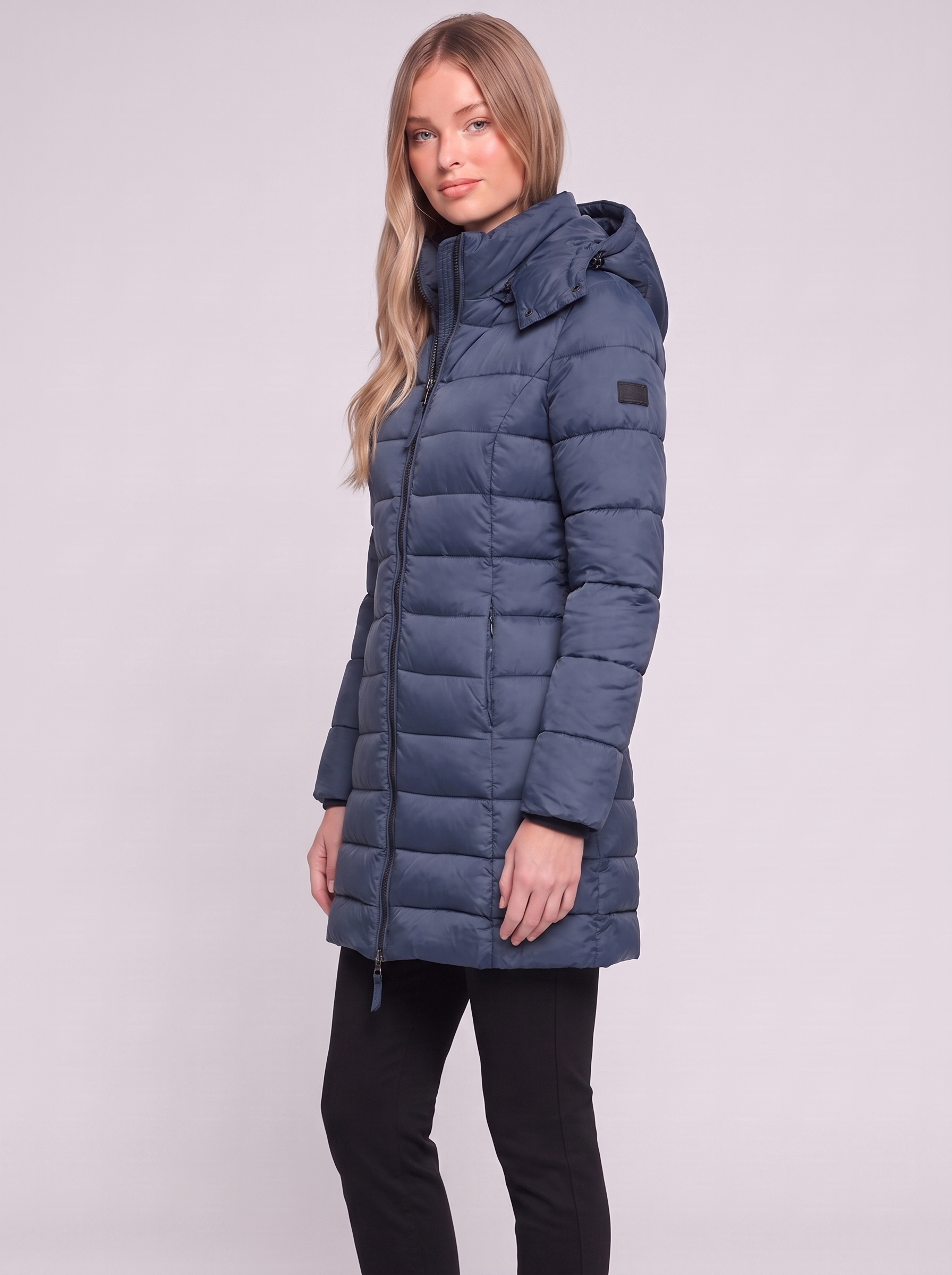 Blue Hooded Down Puffer three quarter