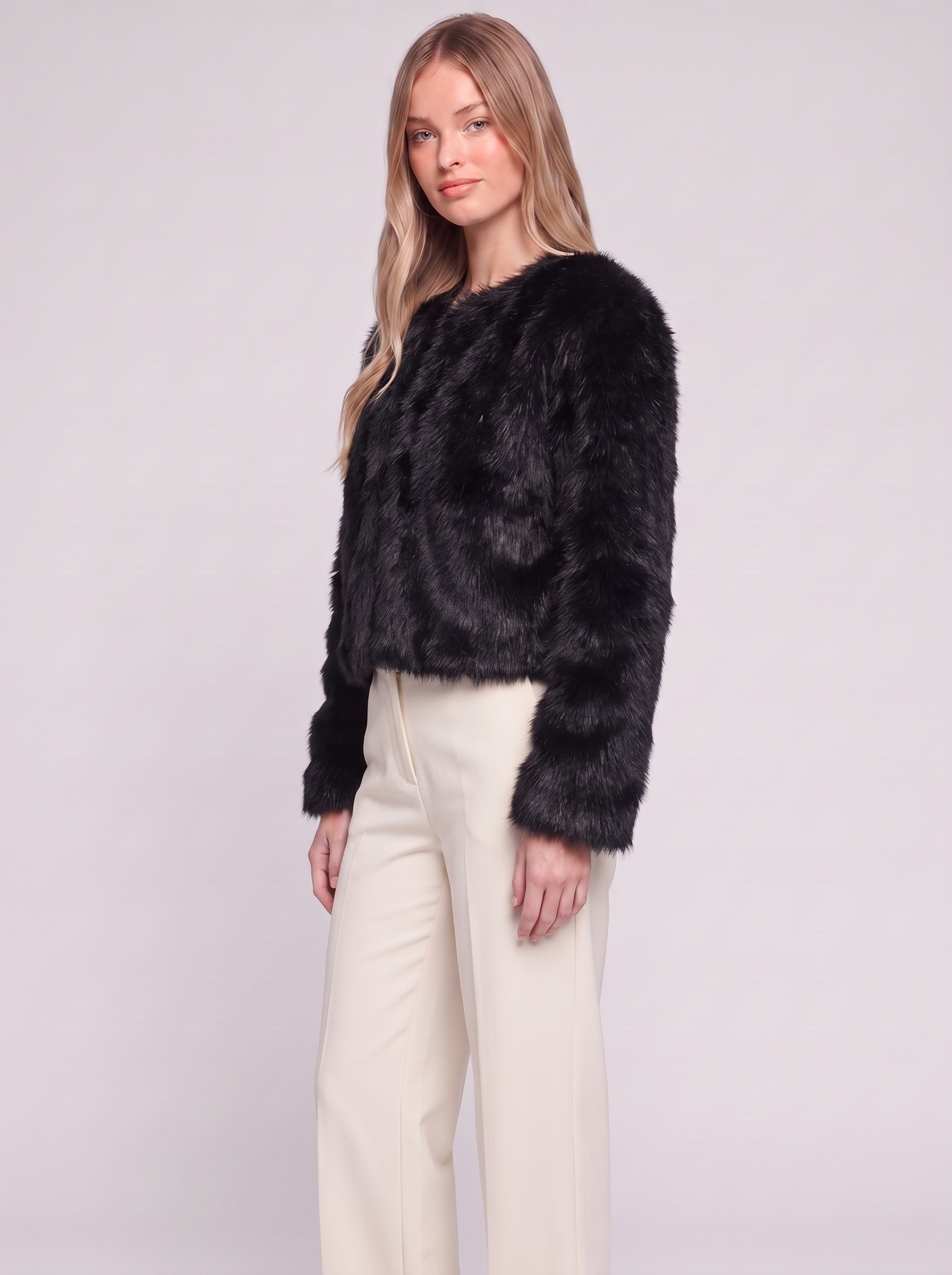 Black Cropped Faux Fur three quarter