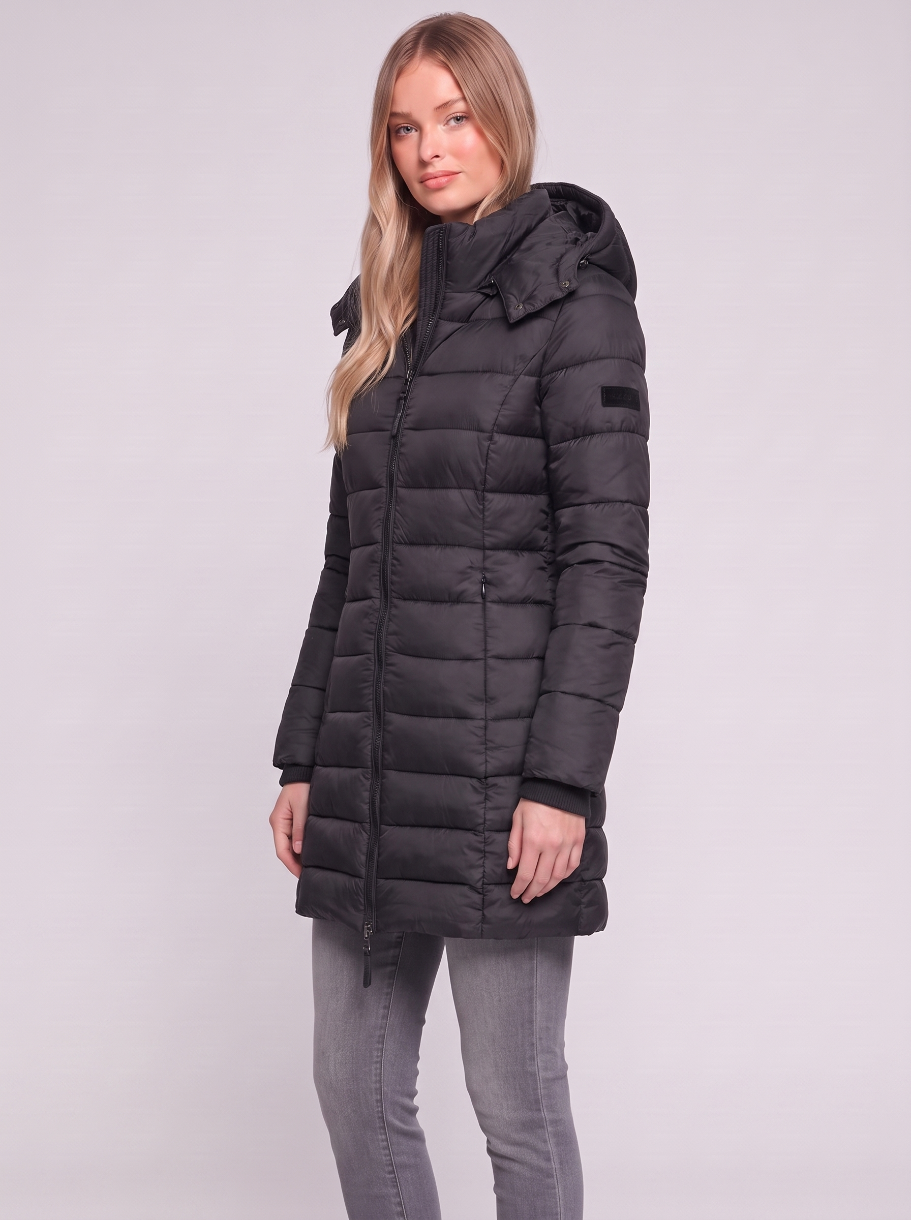 Black Hooded Down Puffer three quarter