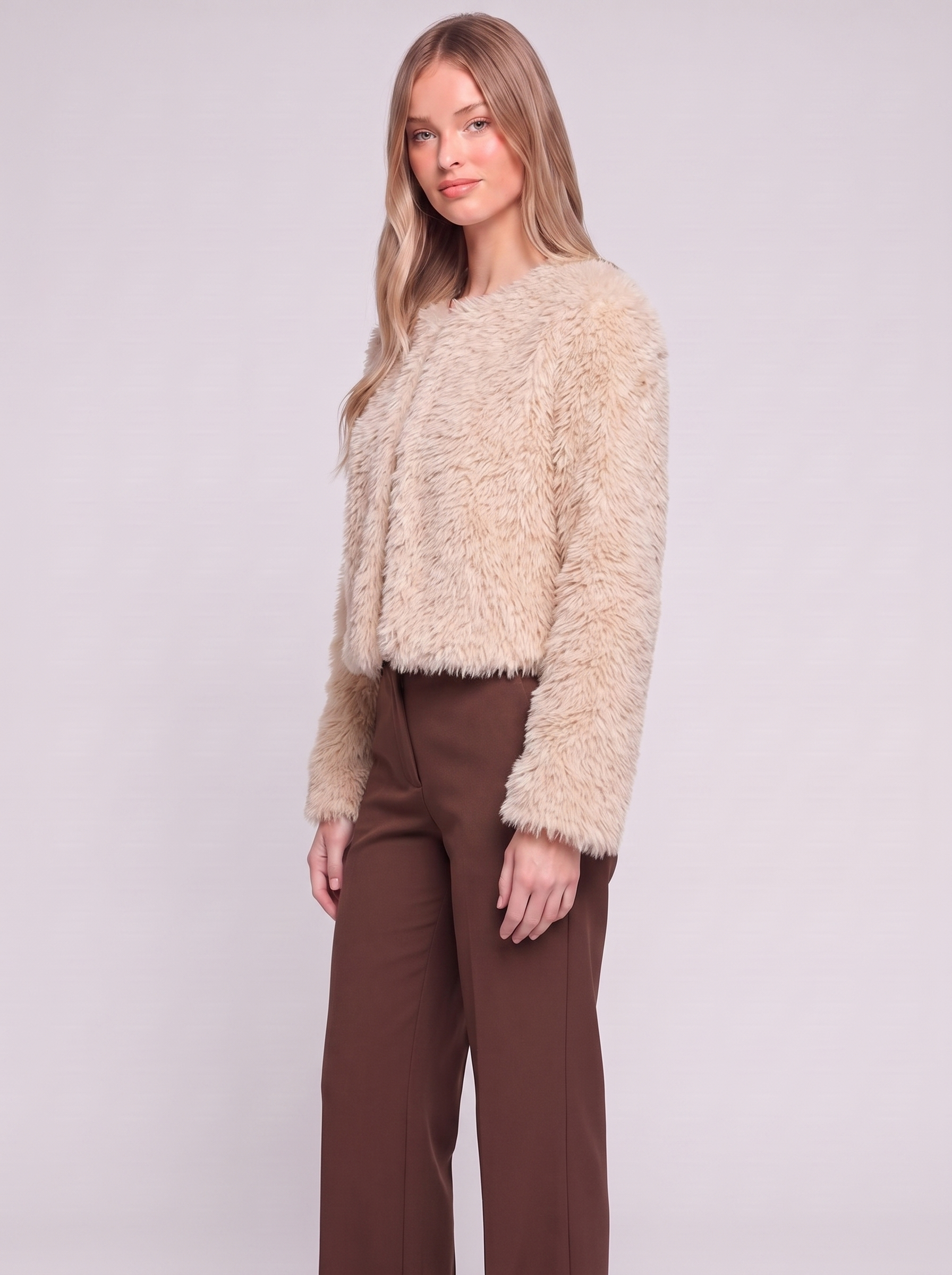 Beige Cropped Faux Fur three quarter