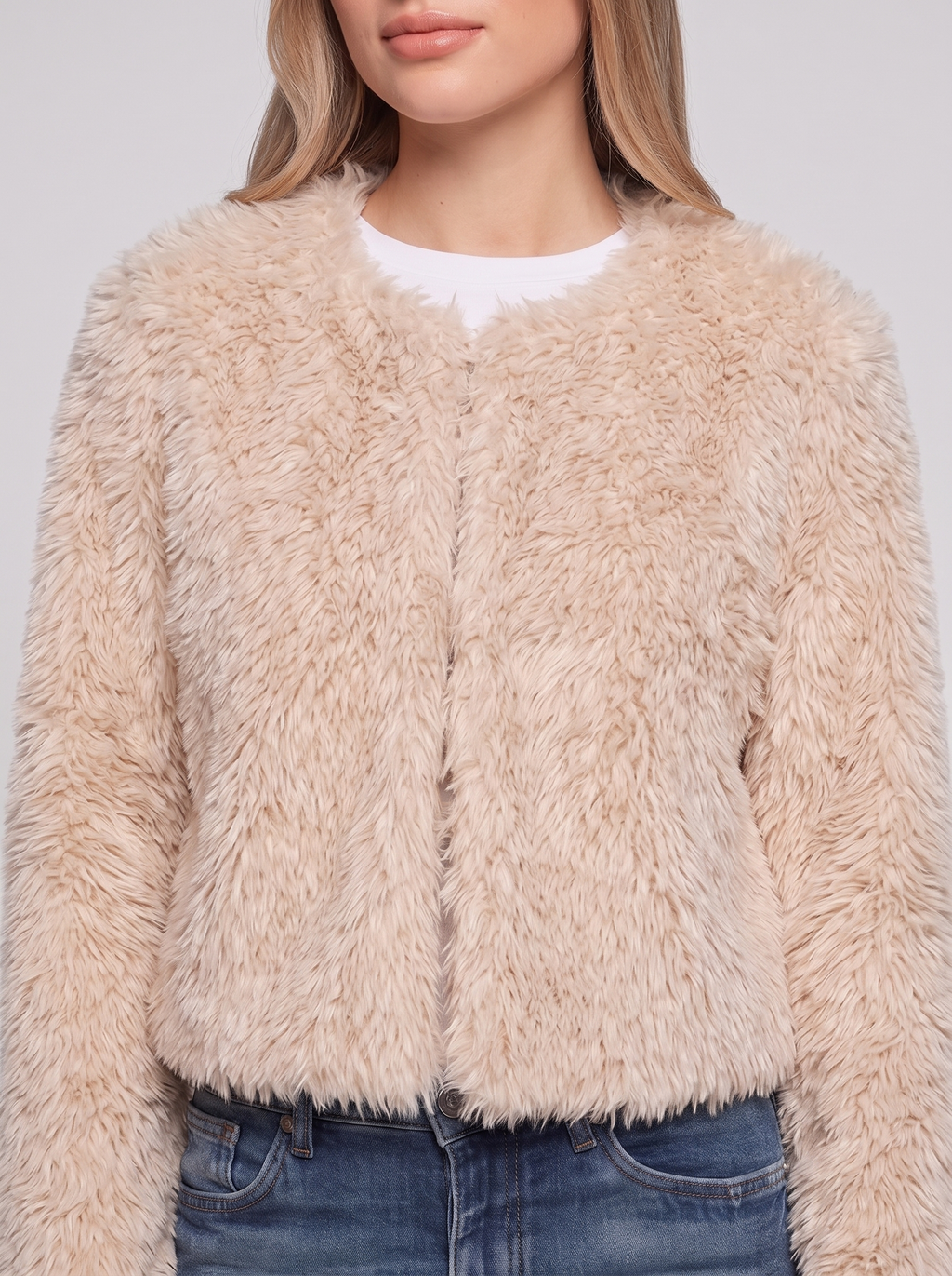 Beige Cropped Faux Fur close