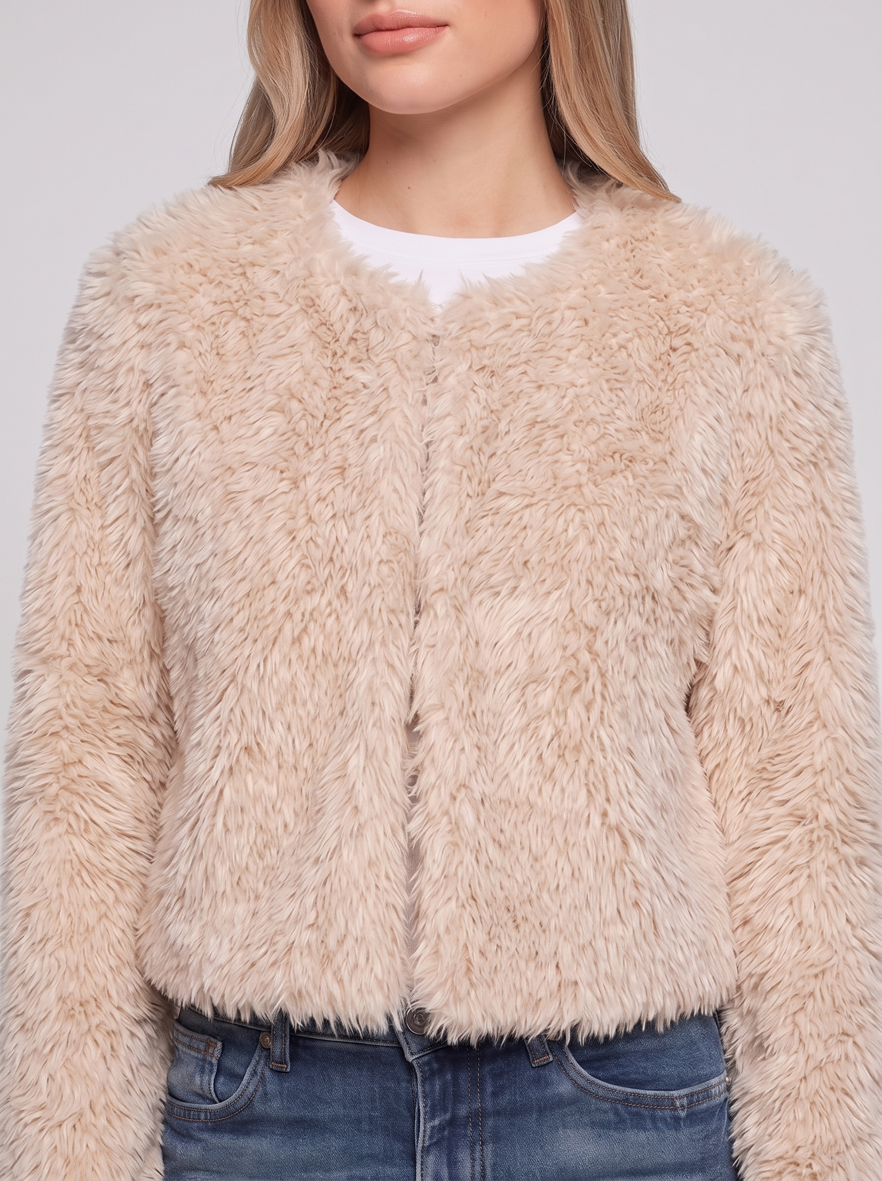 Beige Cropped Faux Fur close