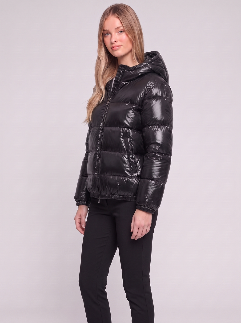 Black Glossy Insulated Puffer three quarter