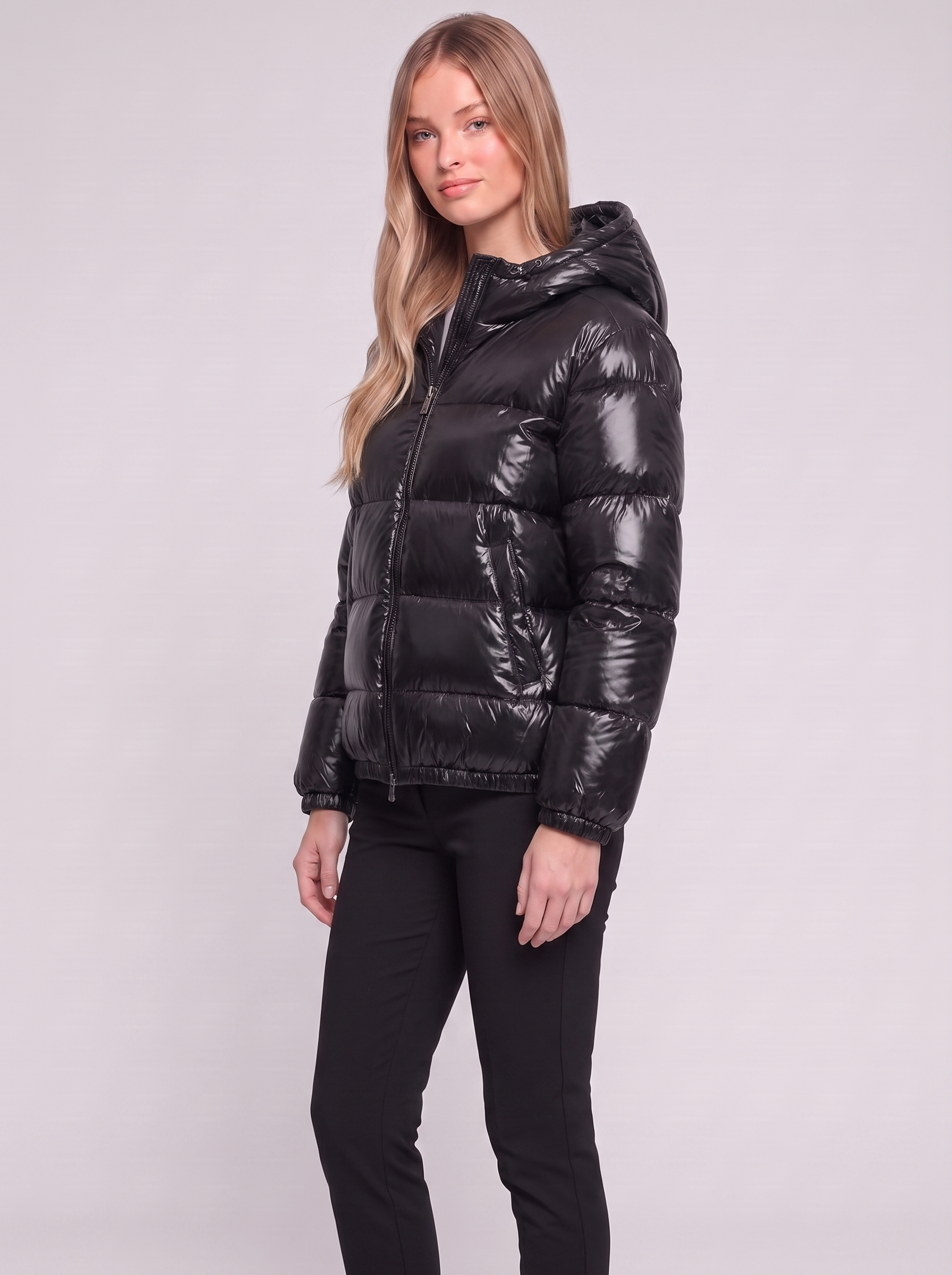 Black Glossy Insulated Puffer three quarter