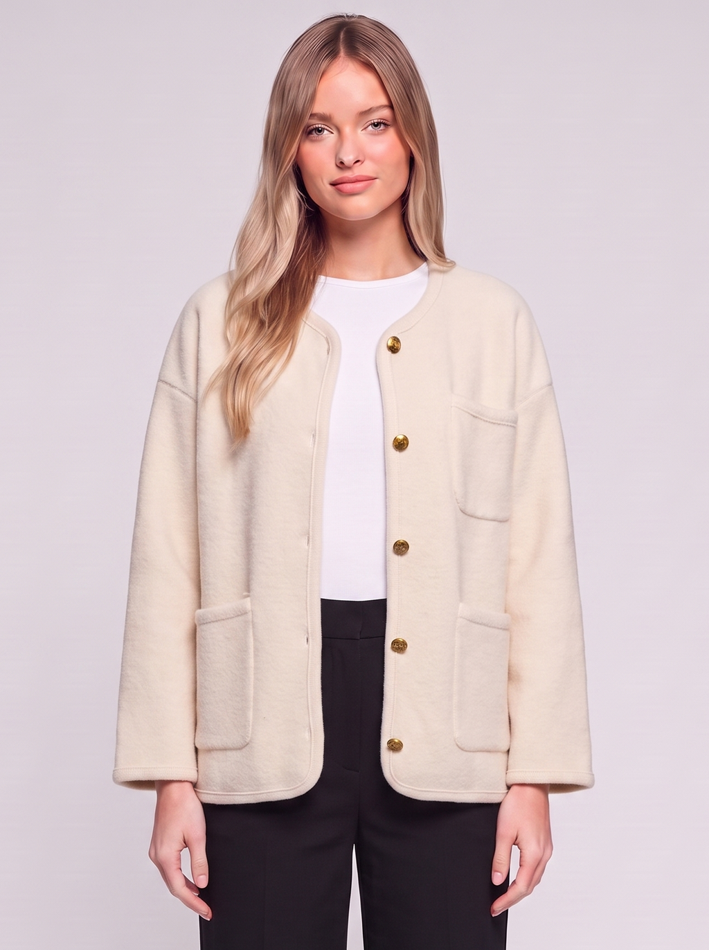 Cream Buttoned Pocketed Jacket front