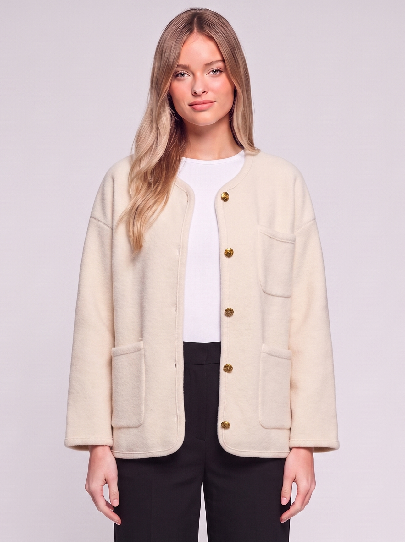 Cream Buttoned Pocketed Jacket front