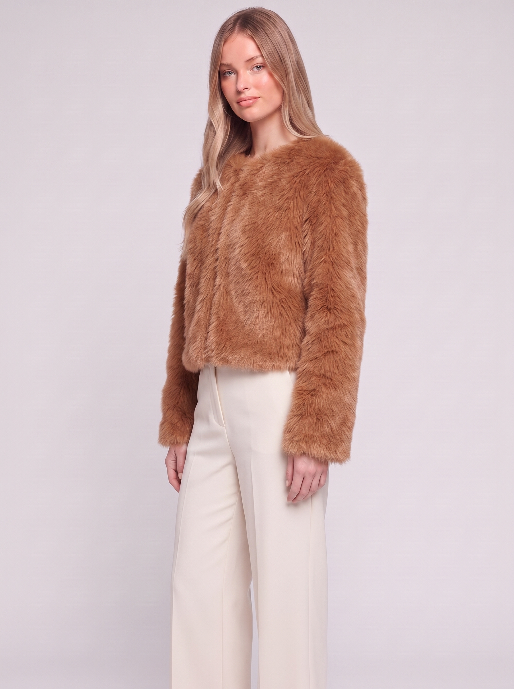 Brown Cropped Faux Fur three quarter
