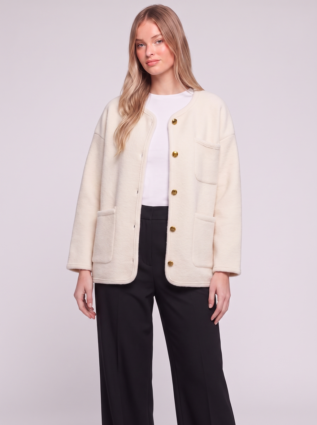 Cream Buttoned Pocketed Jacket three quarter