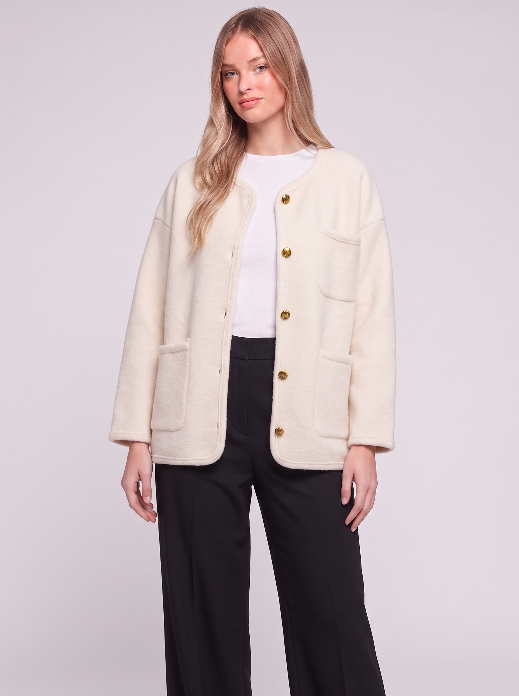 Cream Buttoned Pocketed Jacket three quarter