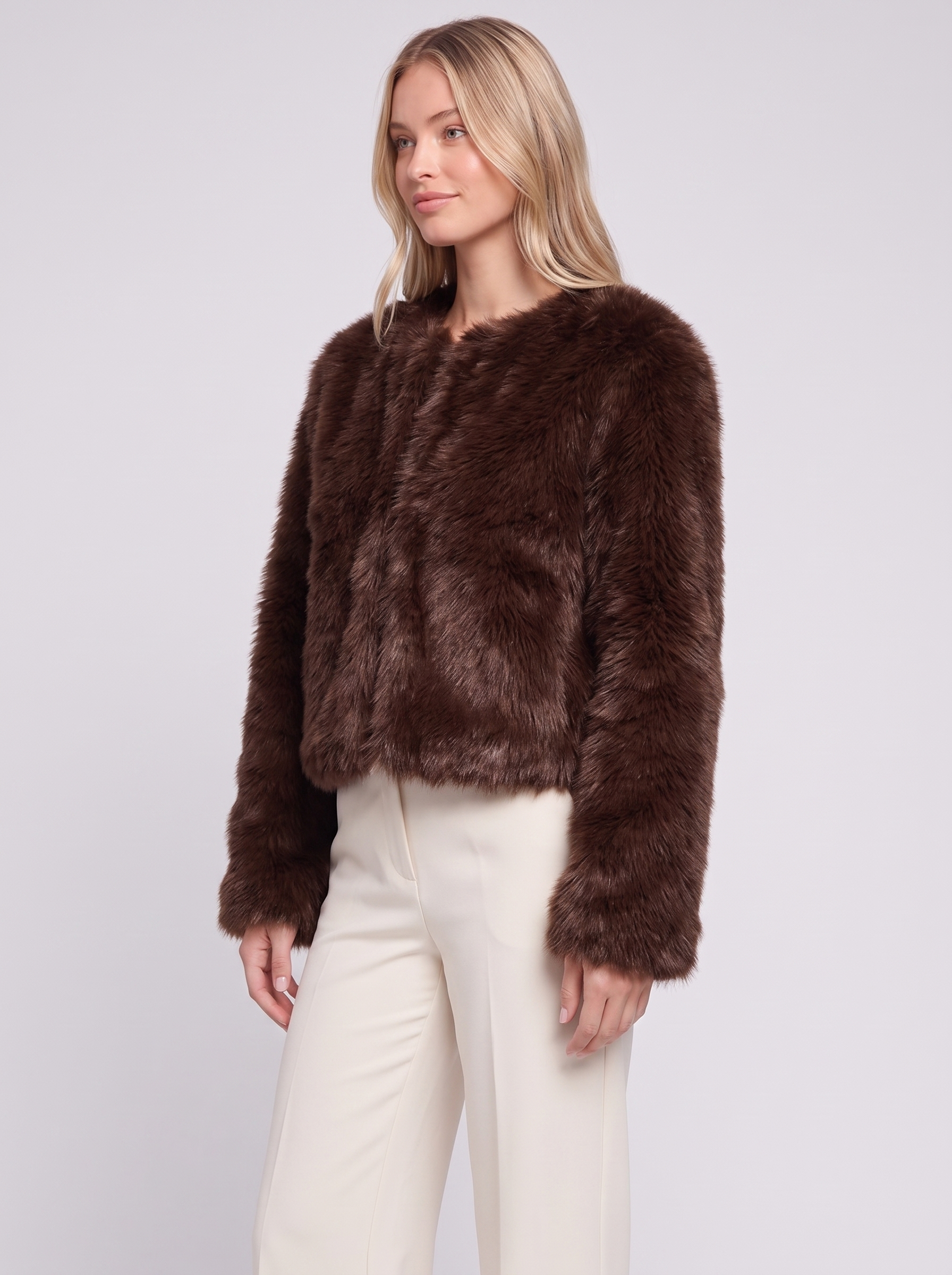Dark Brown Cropped Faux Fur three quarter