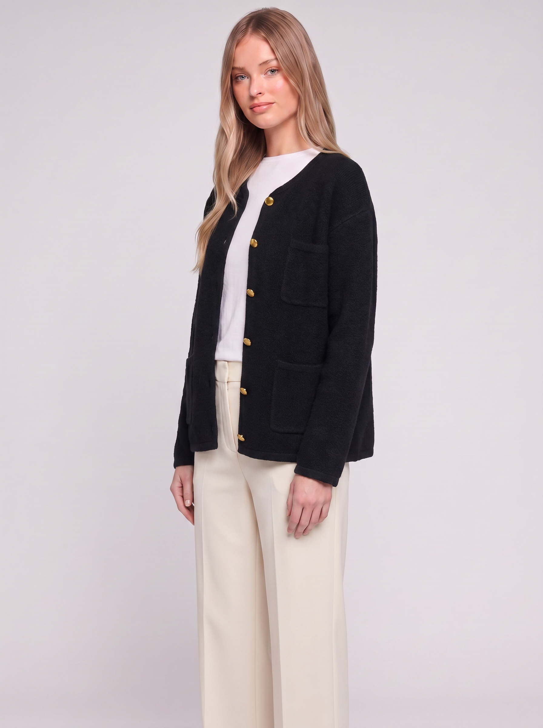 Black Buttoned Pocketed Jacket three quarter