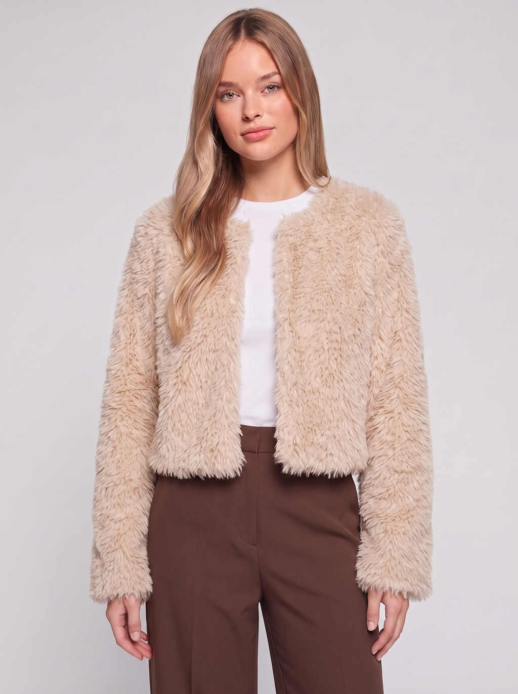 Beige Cropped Faux Fur front