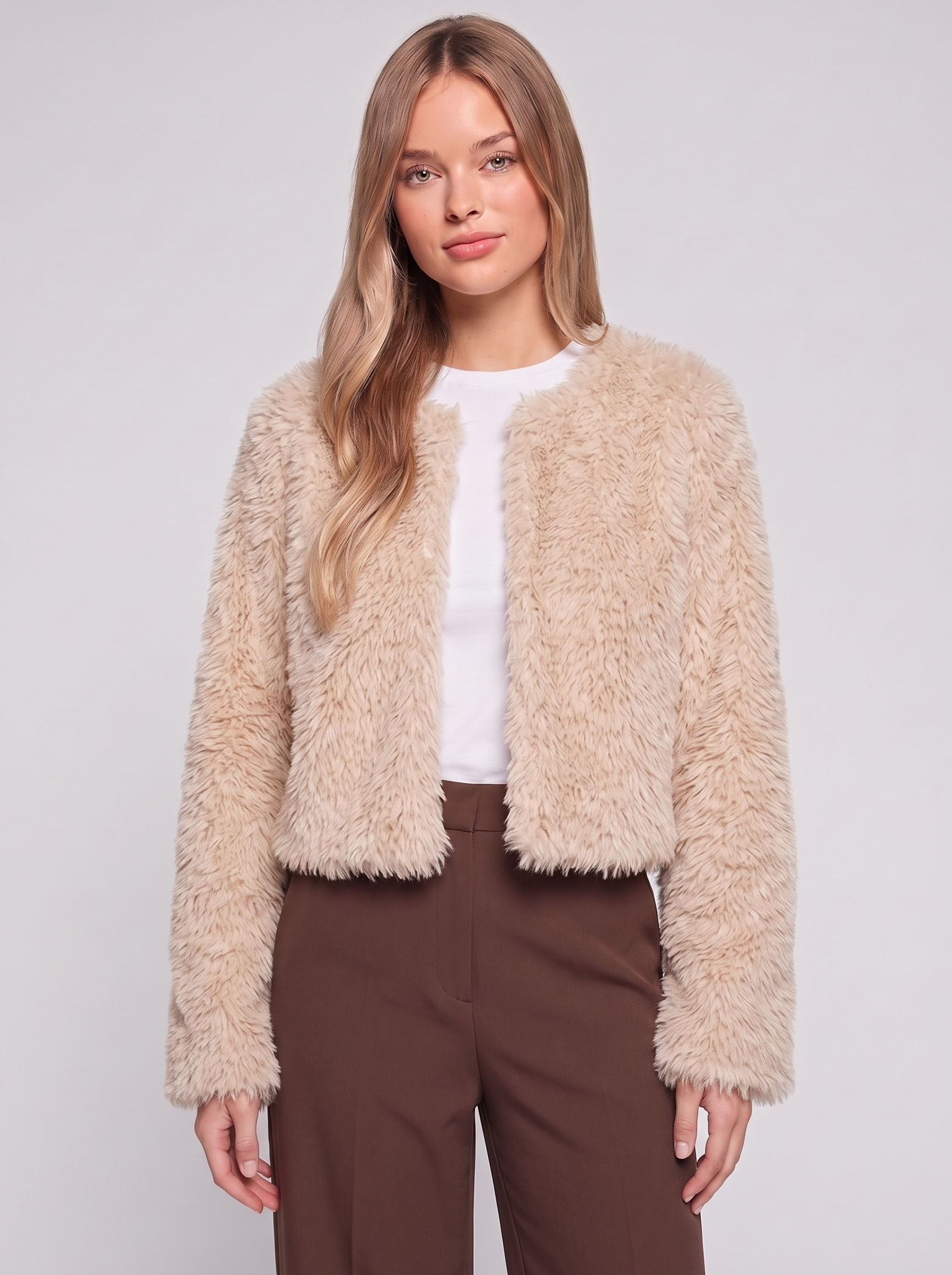 Beige Cropped Faux Fur front