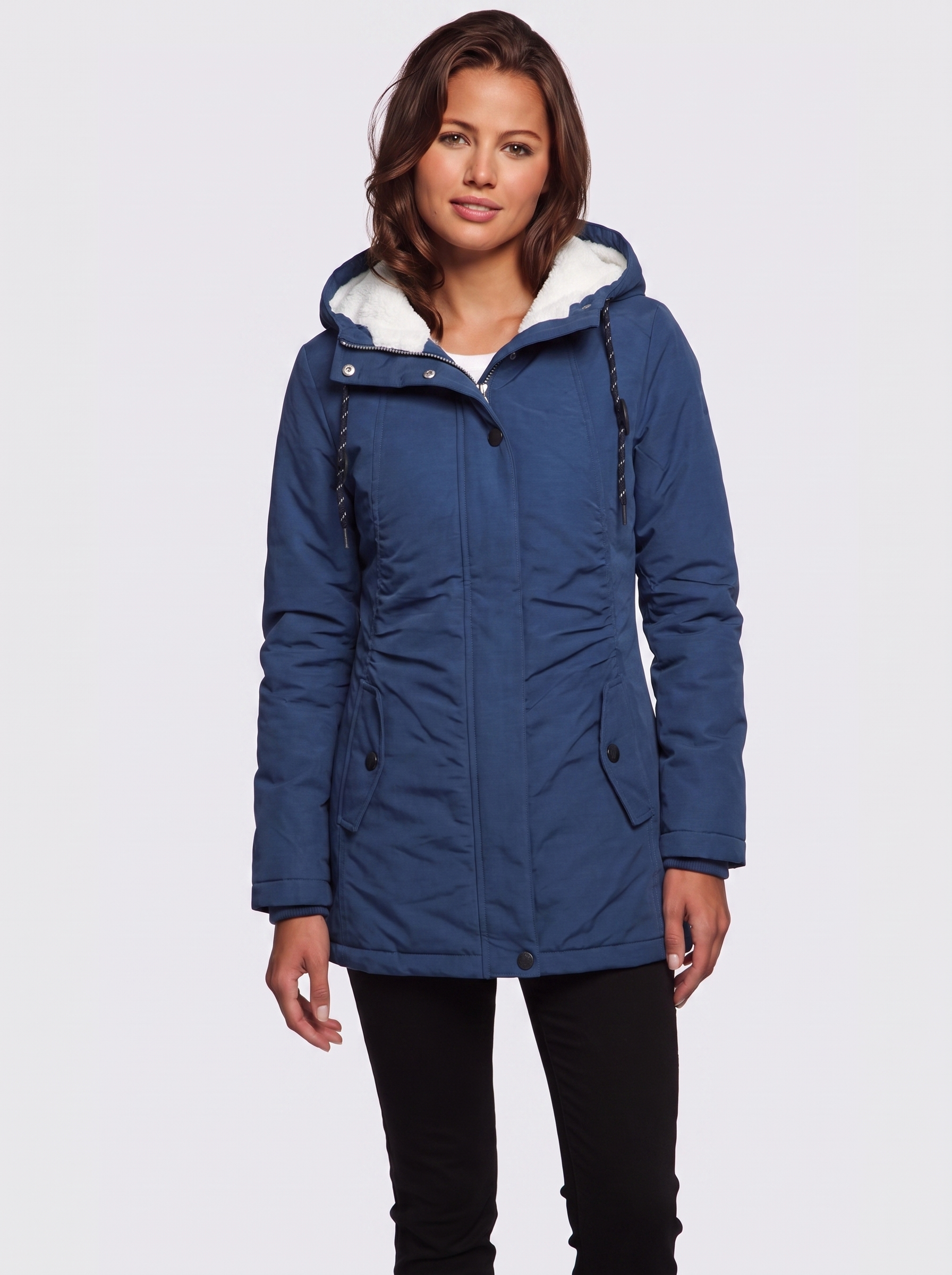 Ava Blue Pleated Winter Coat - three quarter