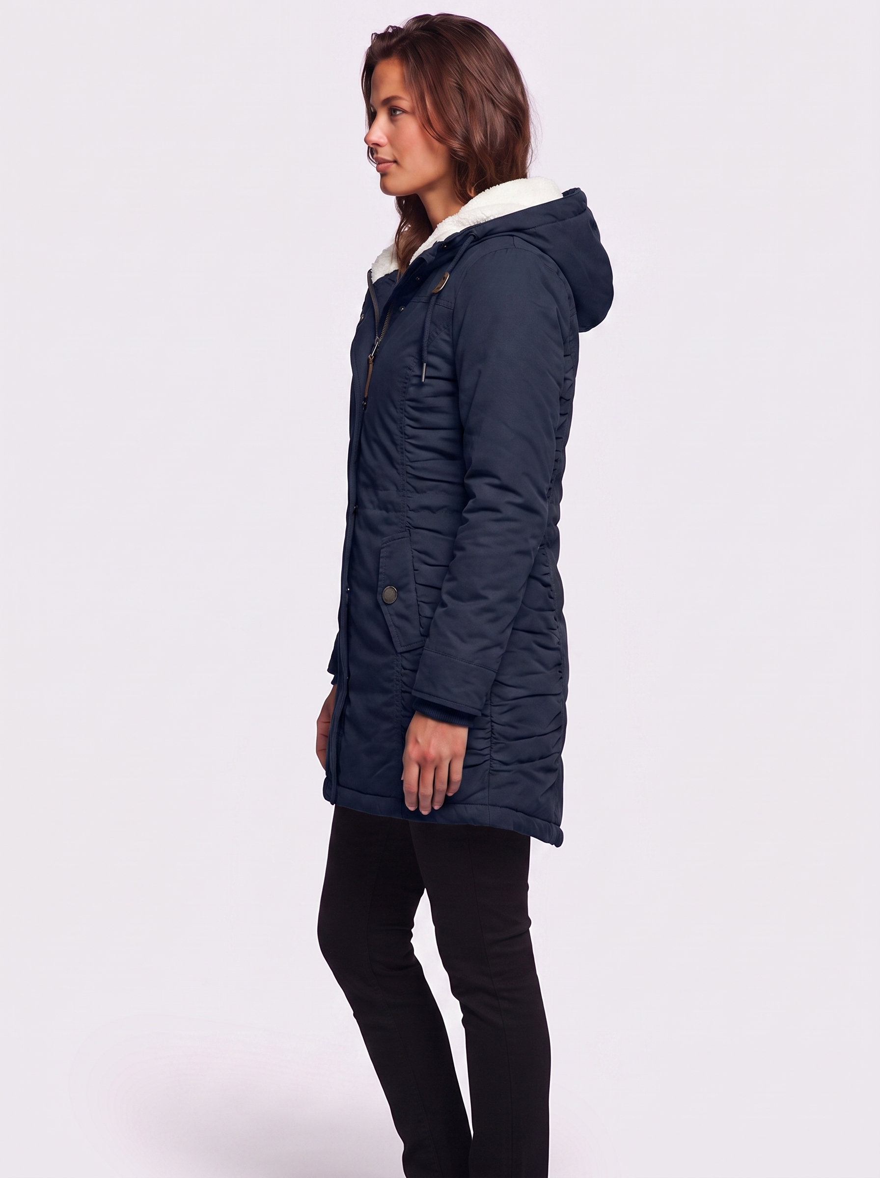 Ava Navy Pleated Winter Coat - side