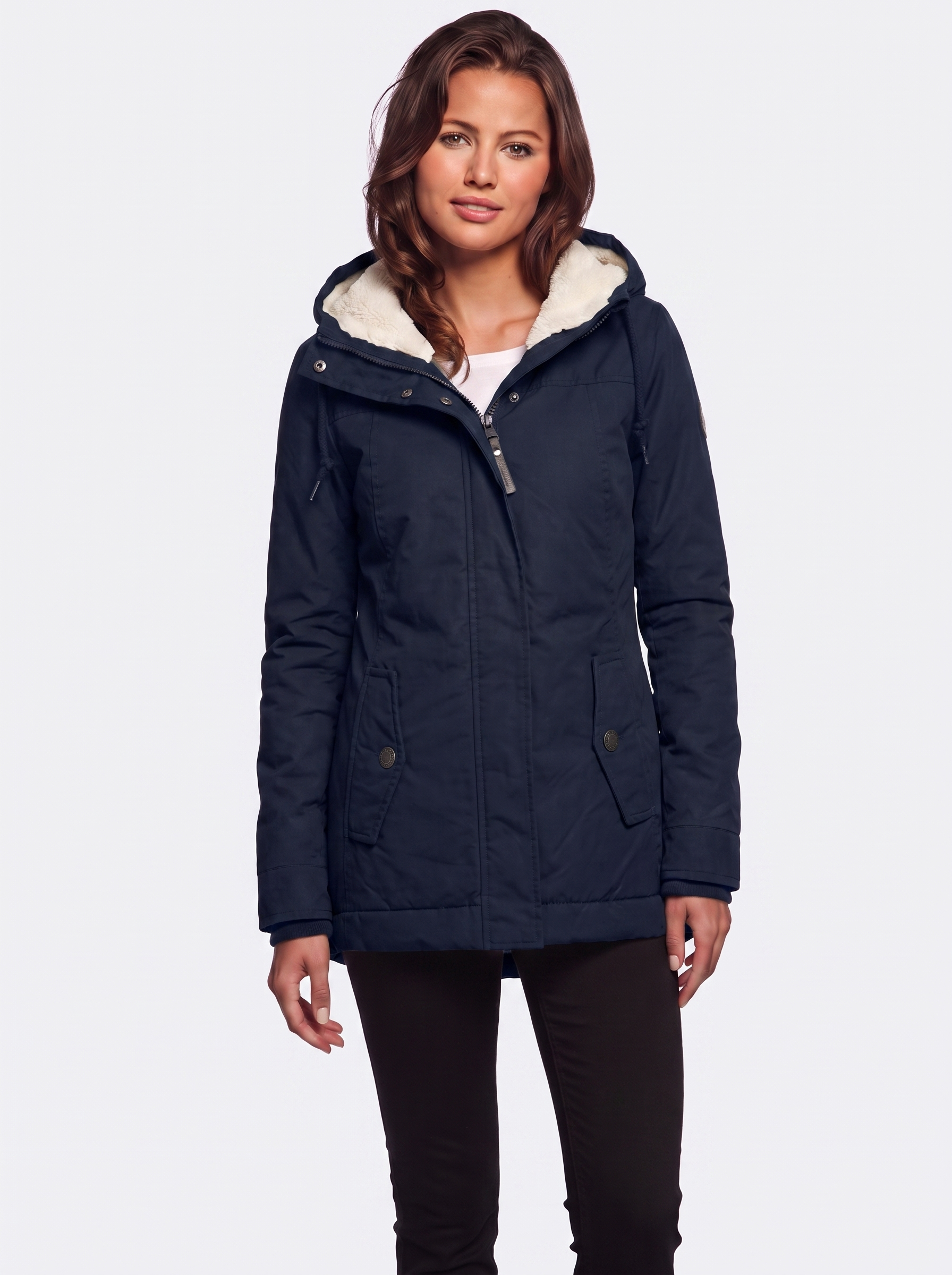 Ava Navy Pleated Winter Coat - three quarter