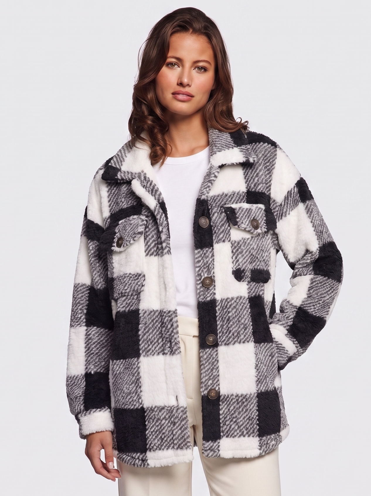 Ava Black Checked Teddy Jacket - front