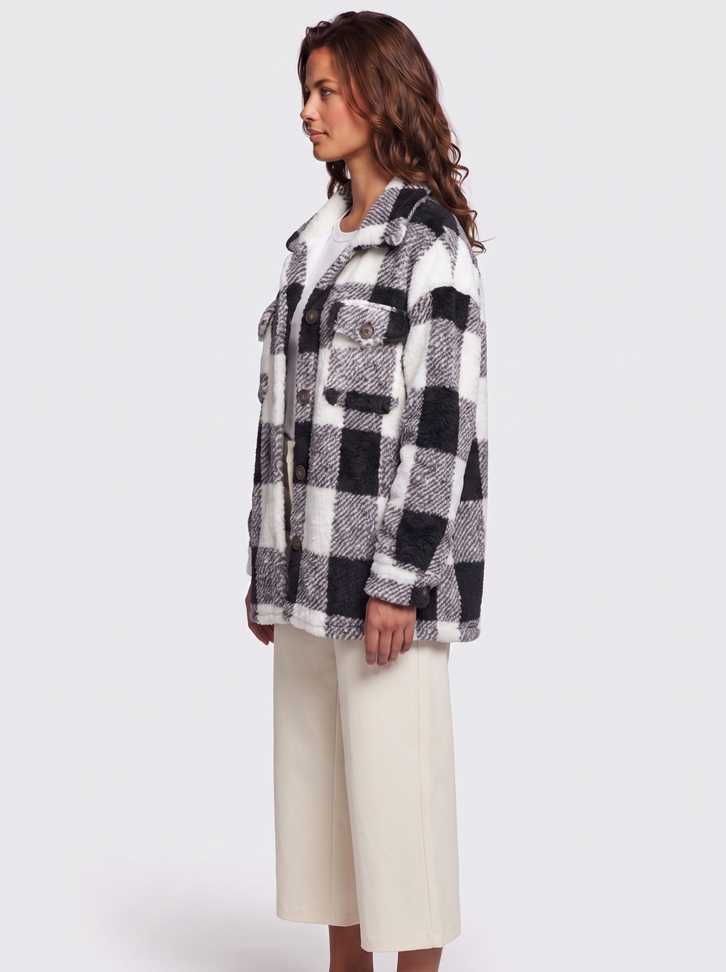 Ava Black Checked Teddy Jacket - side