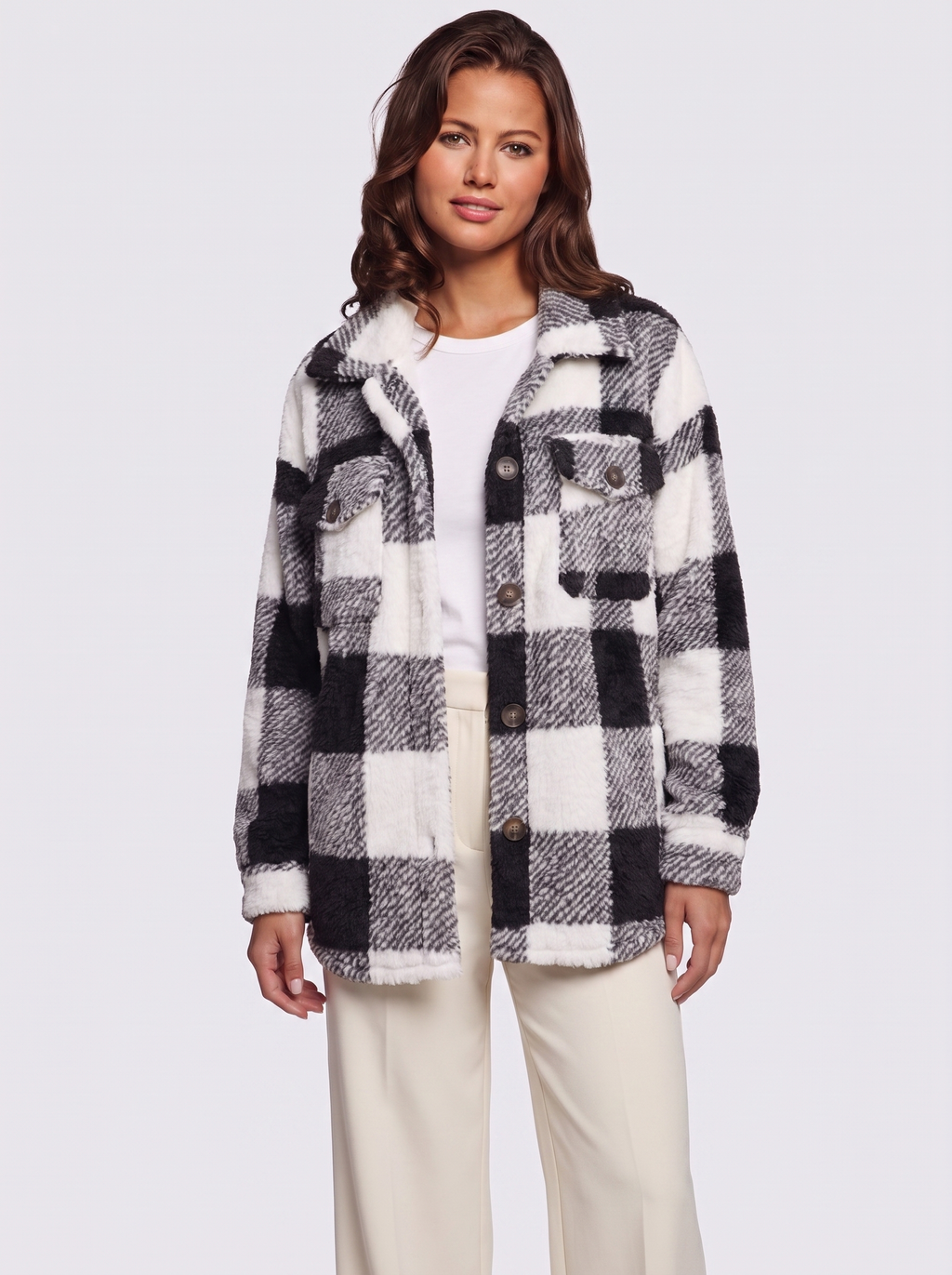 Ava Black Checked Teddy Jacket - three quarter
