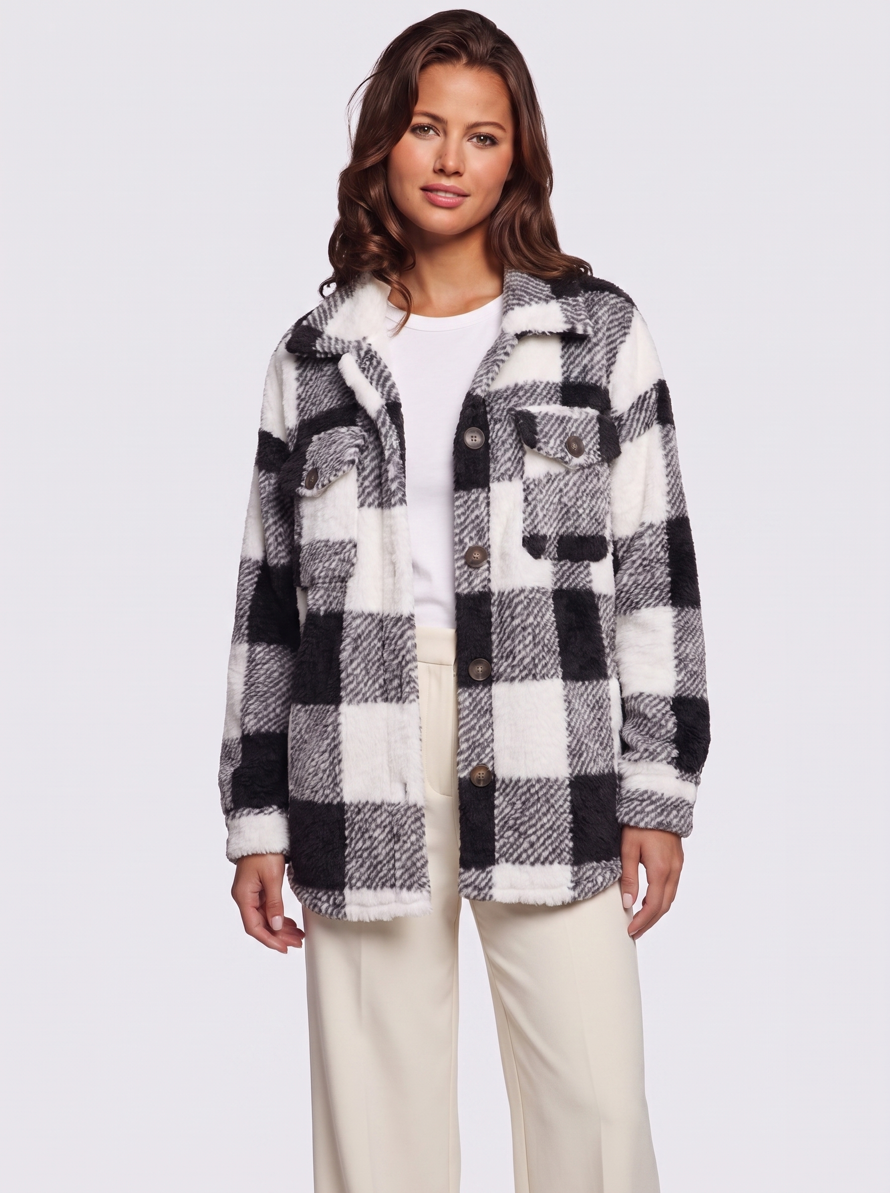 Ava Black Checked Teddy Jacket - three quarter