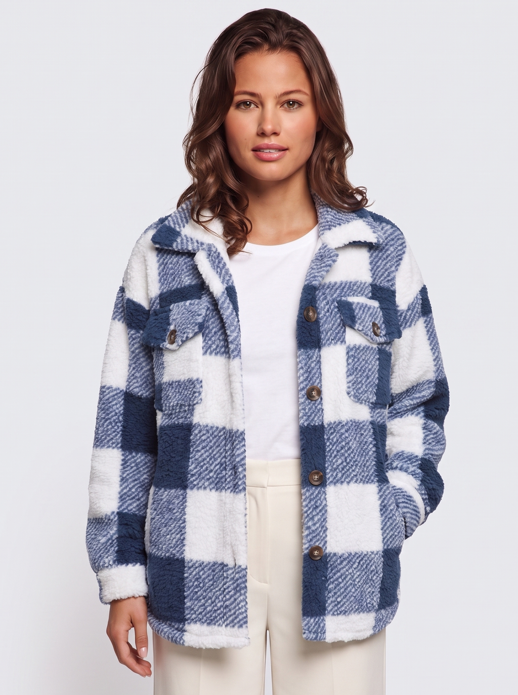 Ava Blue Checked Teddy Jacket - front