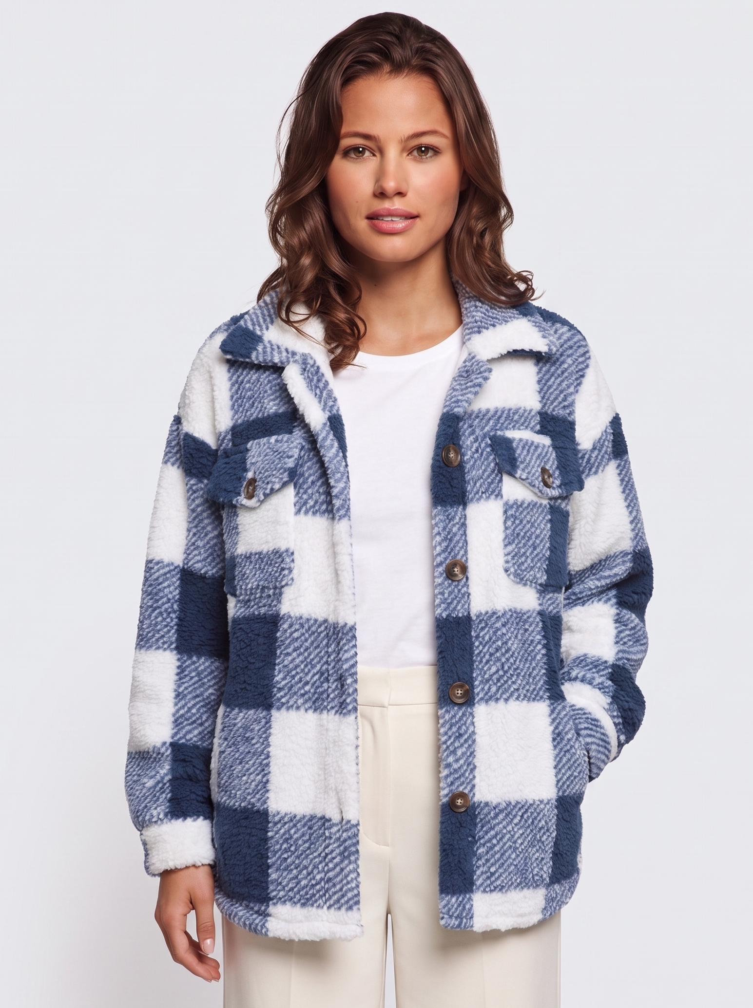 Ava Blue Checked Teddy Jacket - front