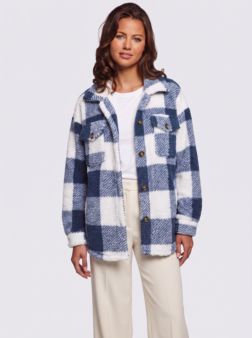 Ava Blue Checked Teddy Jacket - three quarter