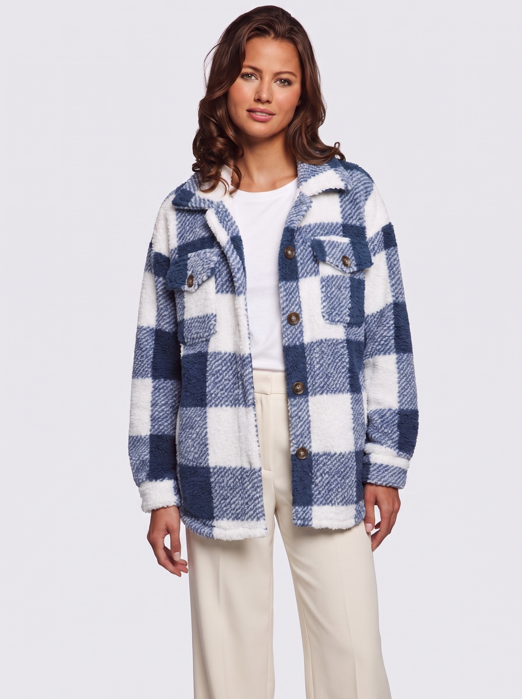 Ava Blue Checked Teddy Jacket - three quarter