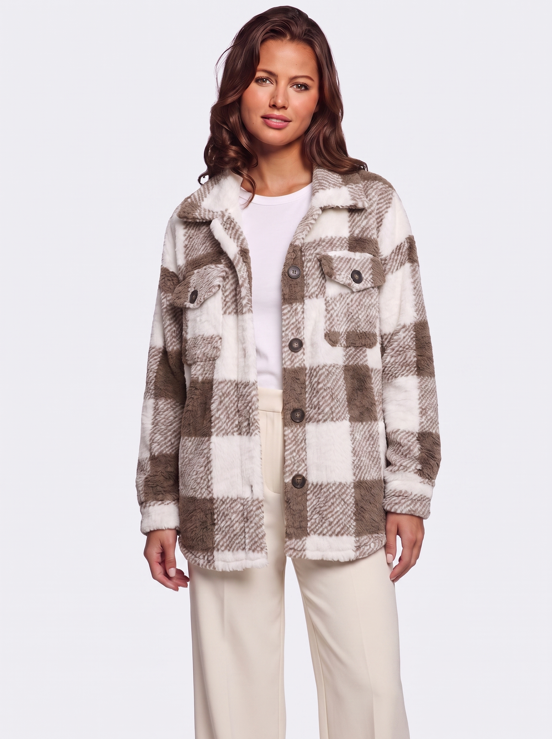 Ava Brown Checked Teddy Jacket - three quarter