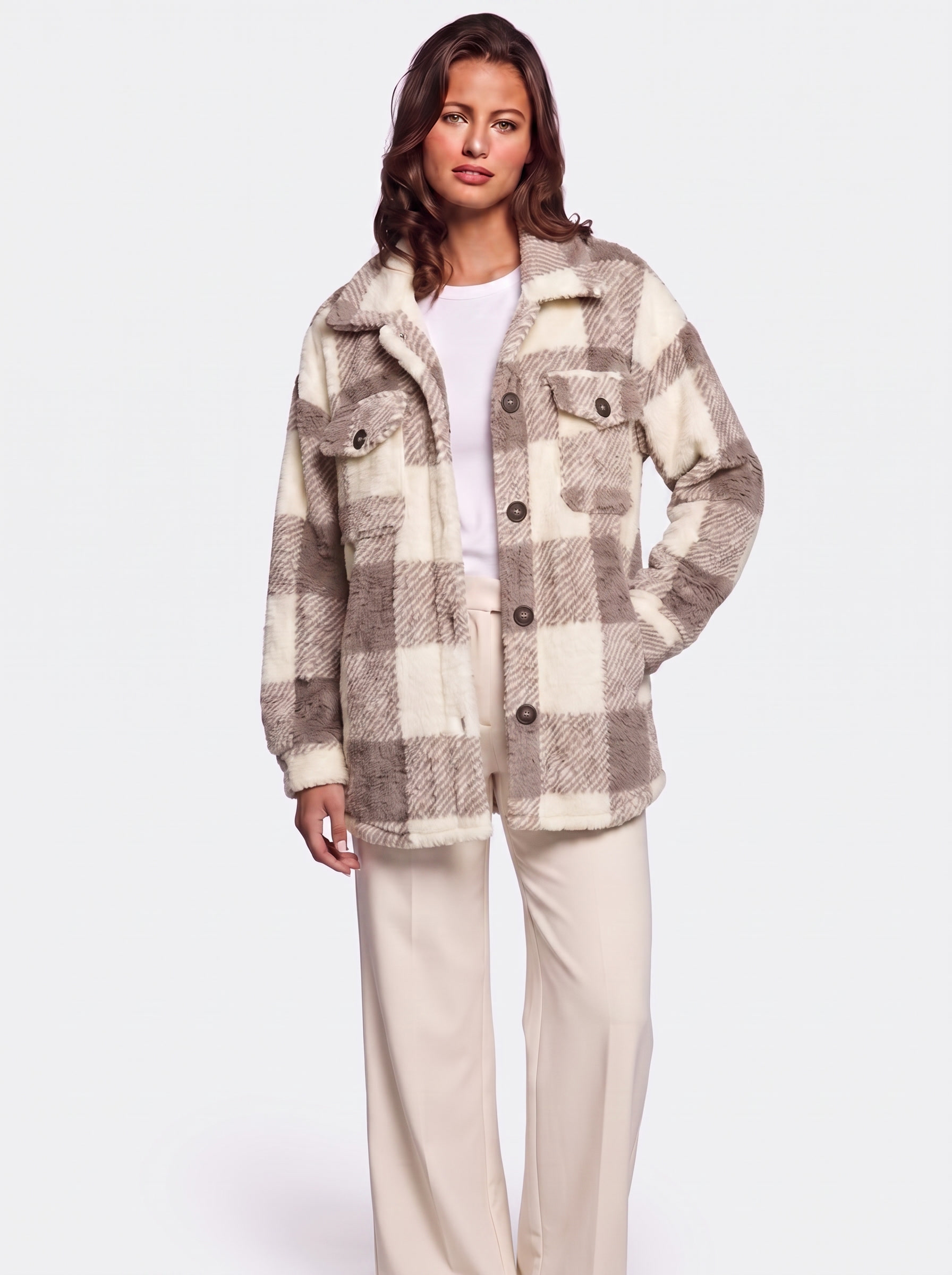 Ava Brown Checked Teddy Jacket - front