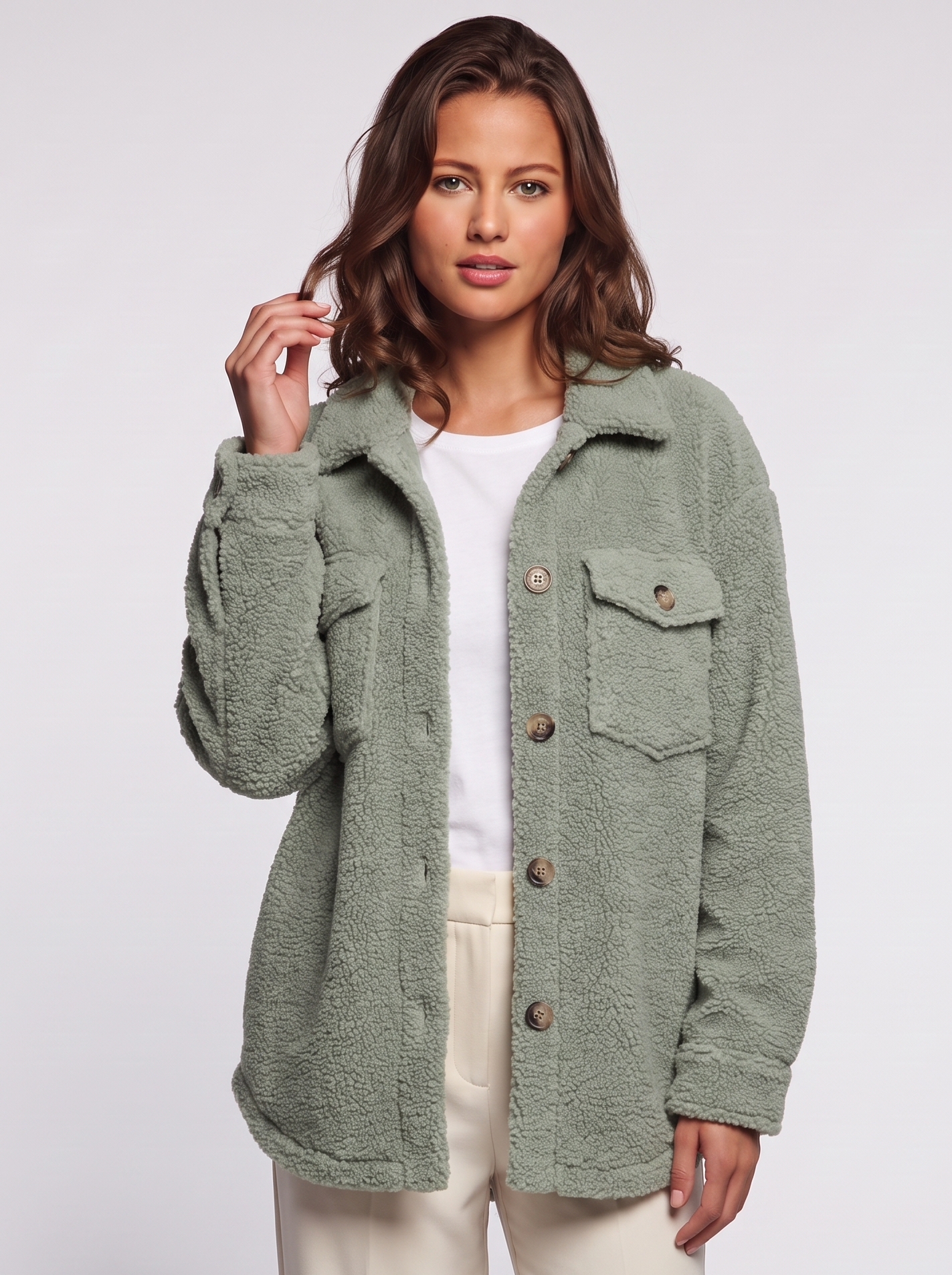 Ava Green Button-Up Sherpa Jacket - front