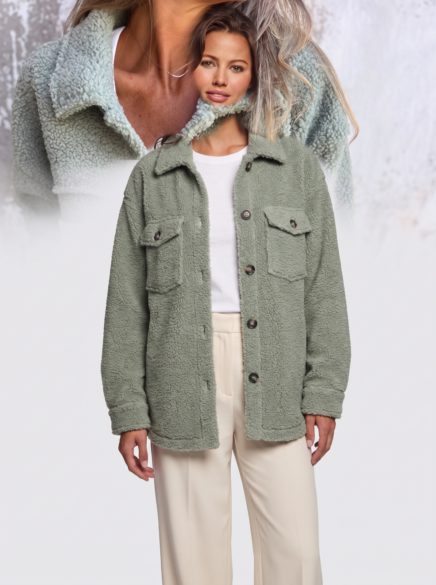 Ava Green Button-Up Sherpa Jacket - three quarter