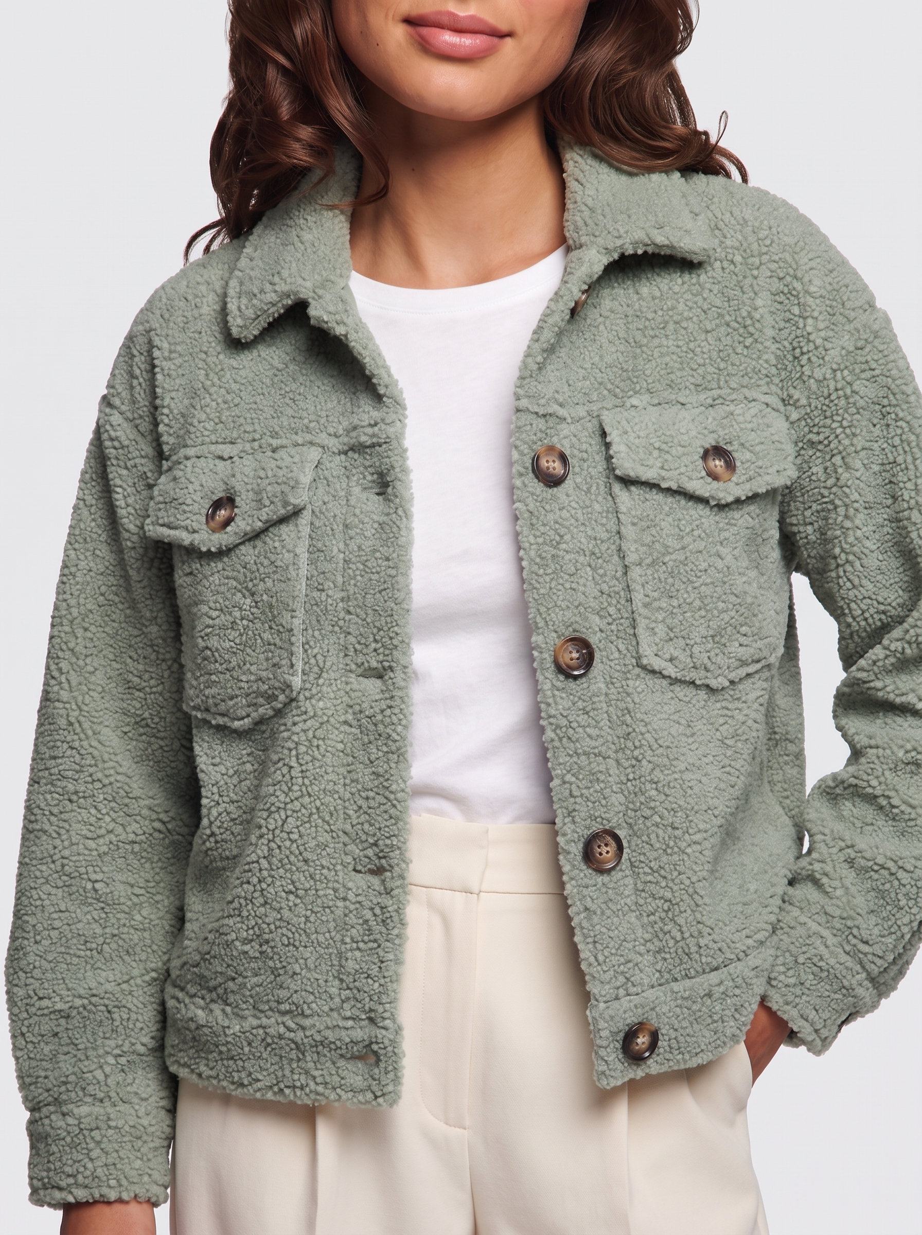 Ava Green Button-Up Sherpa Jacket - detail