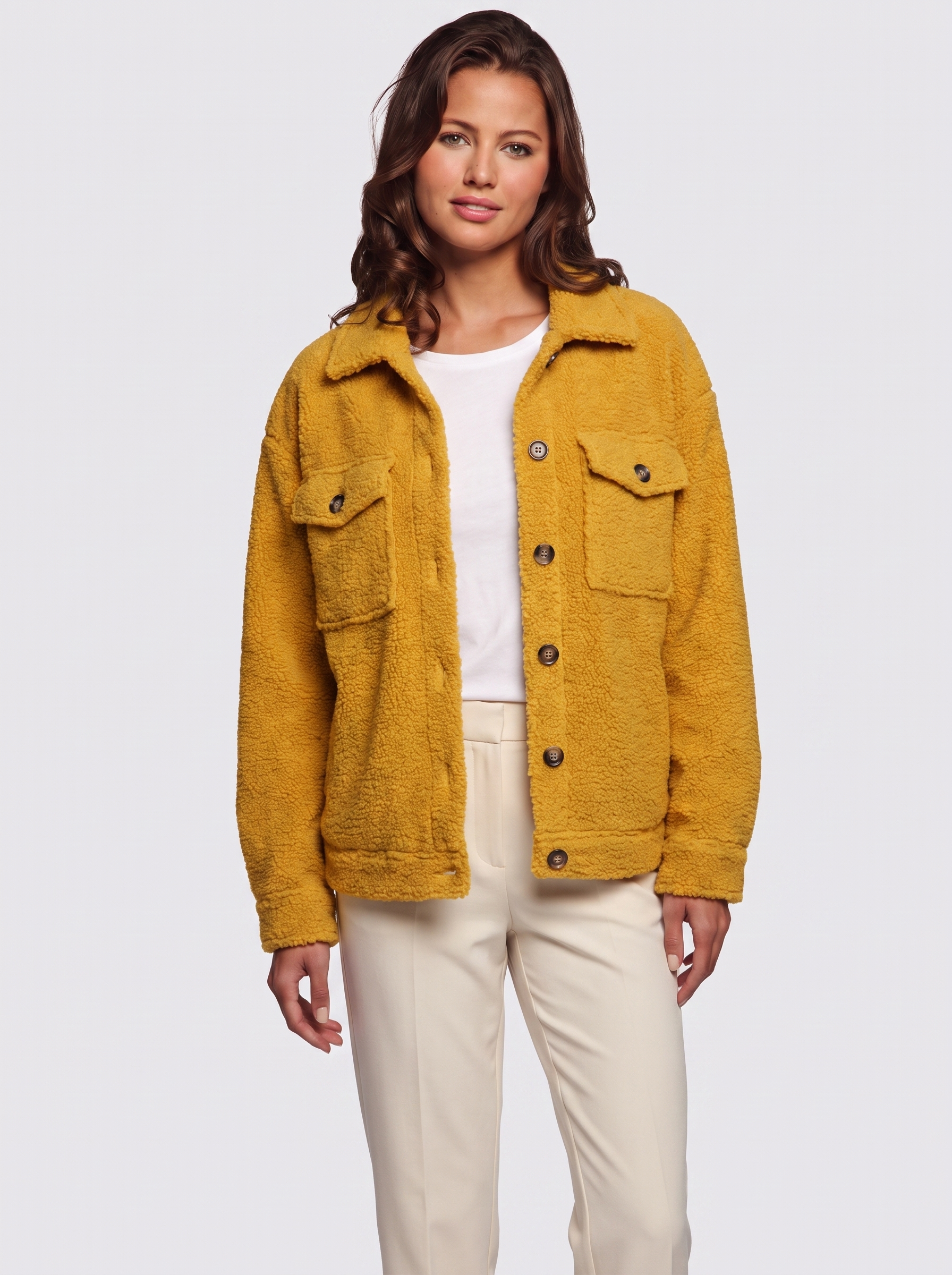 Ava Yellow Button-Up Sherpa Jacket - three quarter