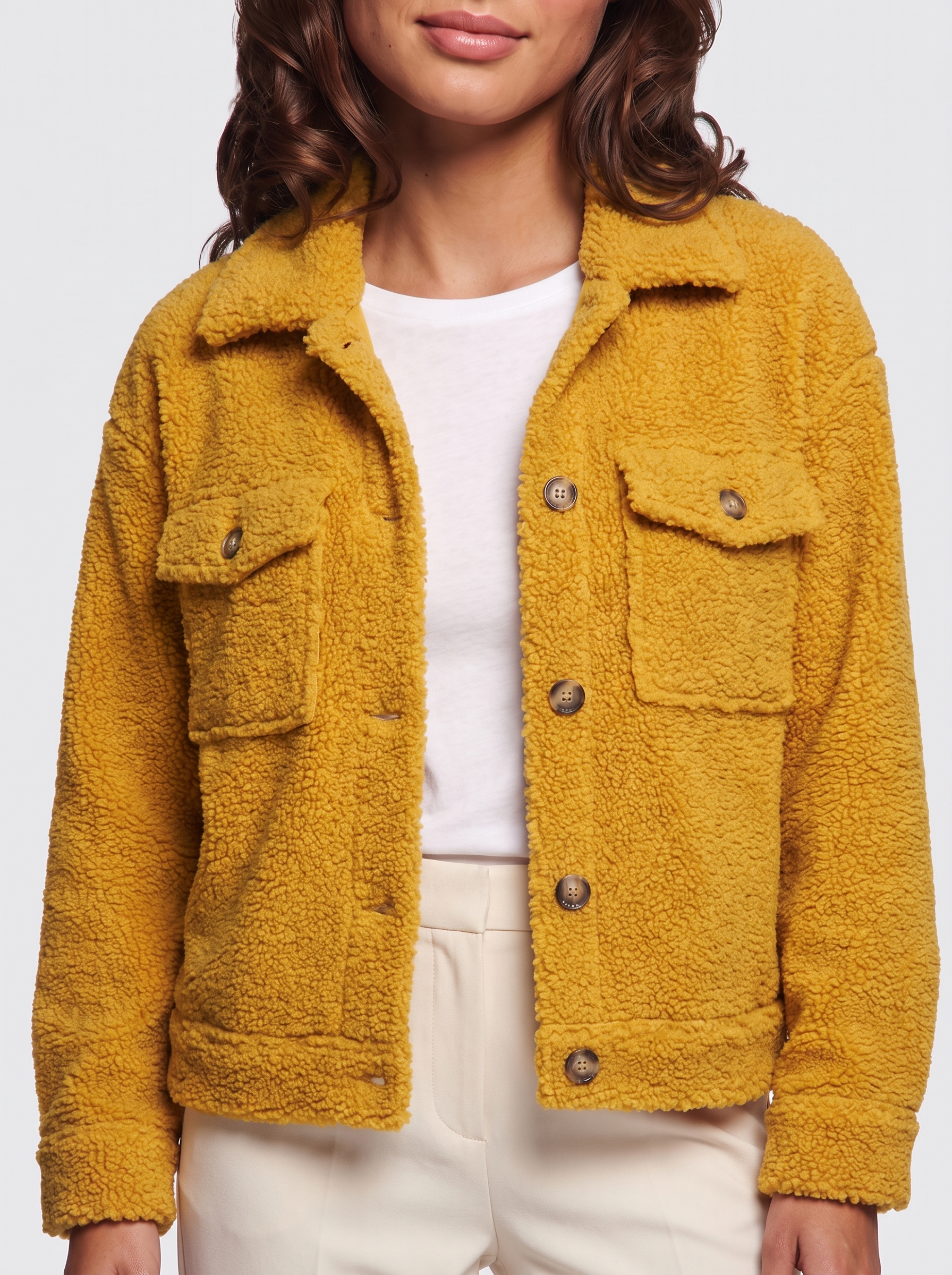 Ava Yellow Button-Up Sherpa Jacket - detail