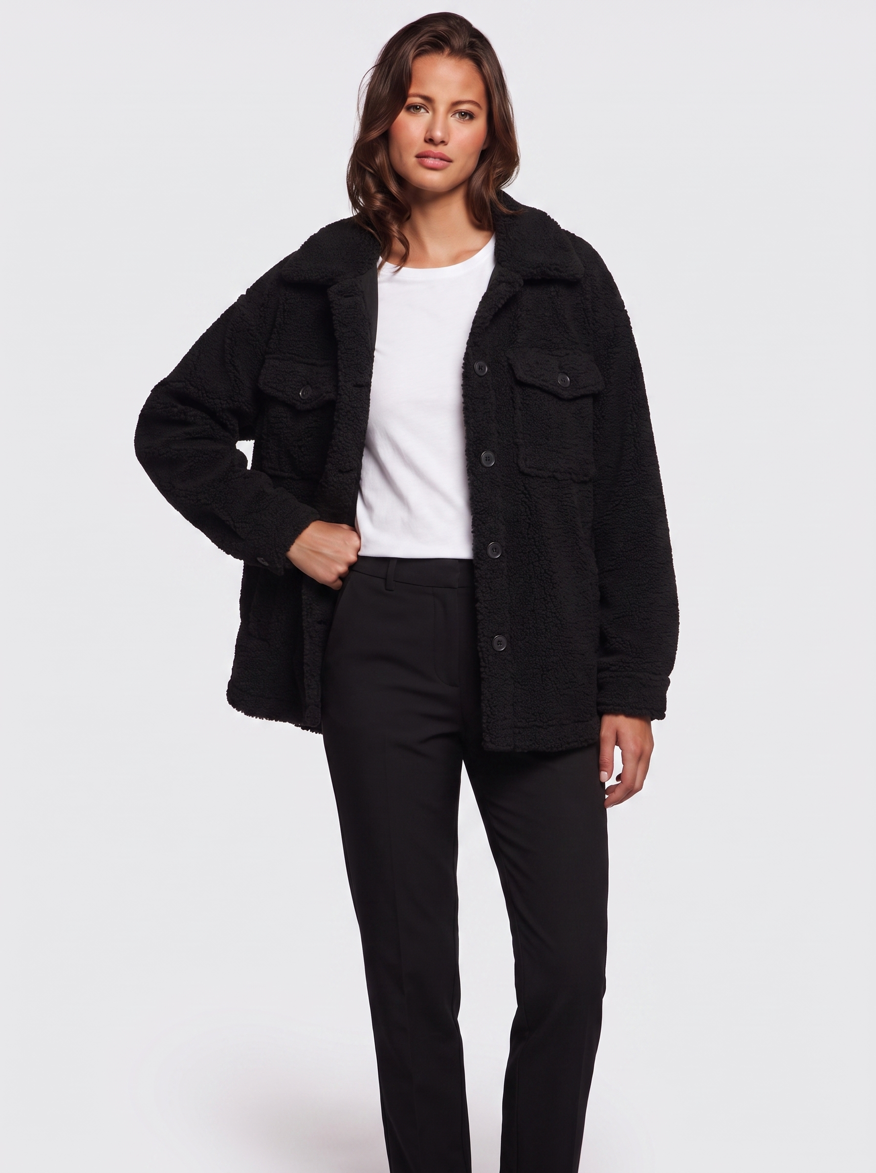 Ava Black Button-Up Sherpa Jacket - front