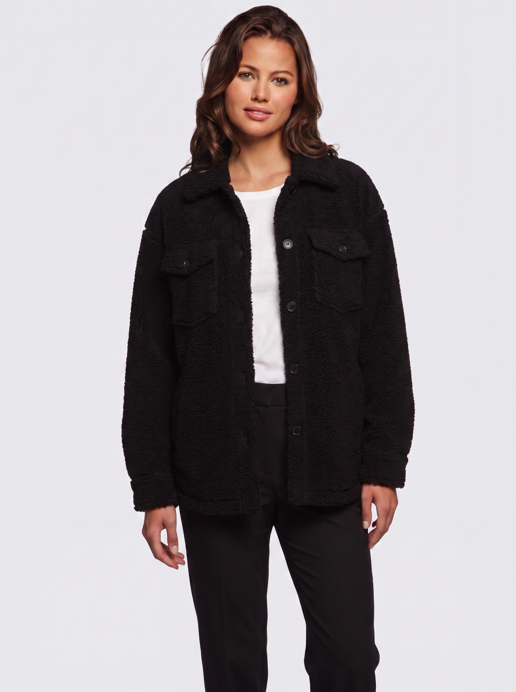 Ava Black Button-Up Sherpa Jacket - three quarter
