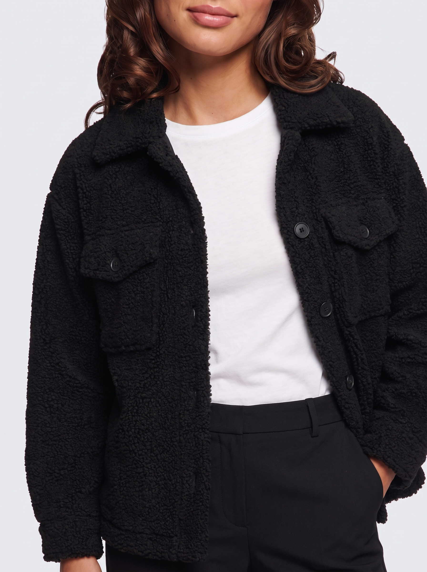 Ava Black Button-Up Sherpa Jacket - detail