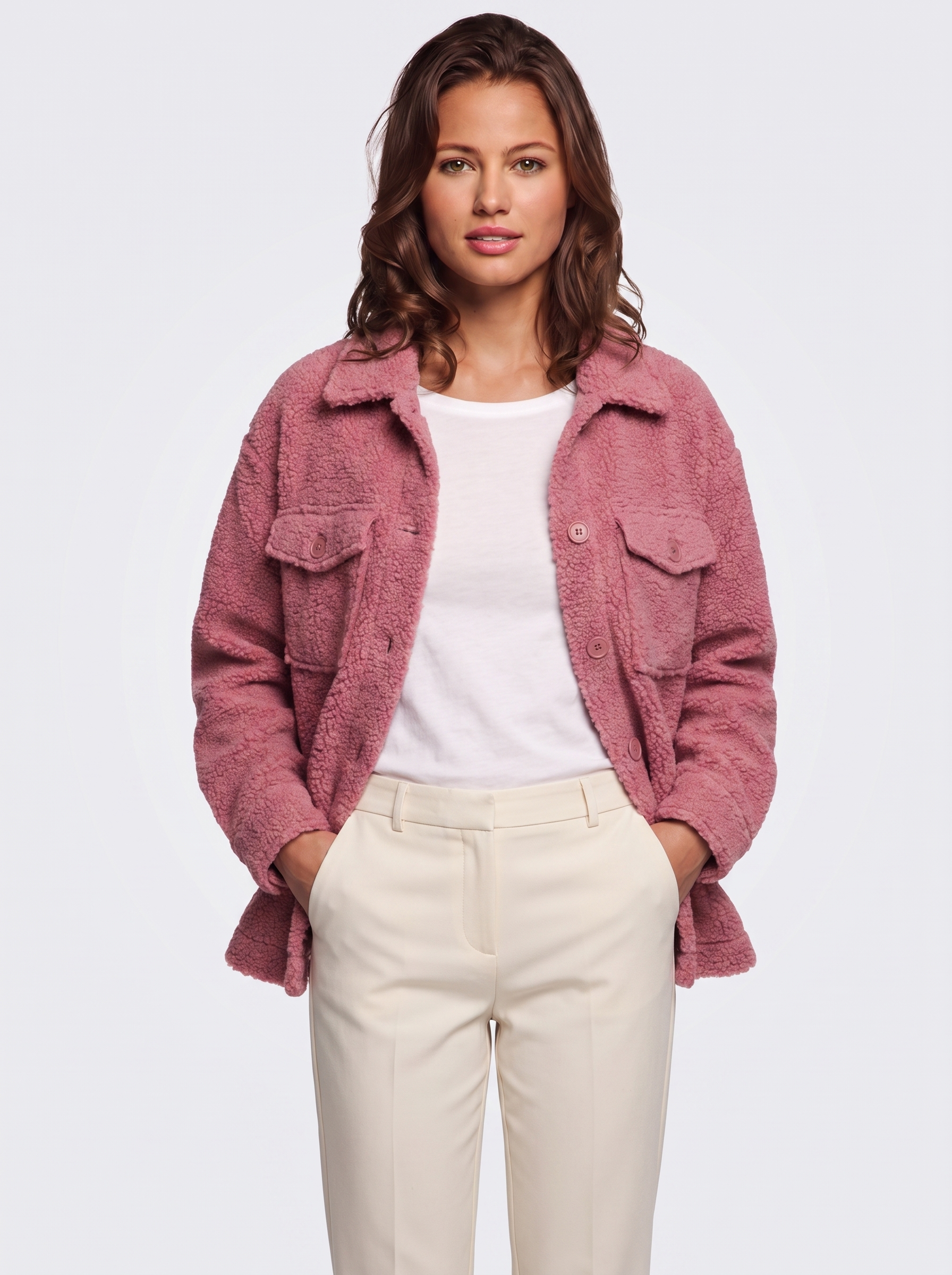 Ava Pink Button-Up Sherpa Jacket - front