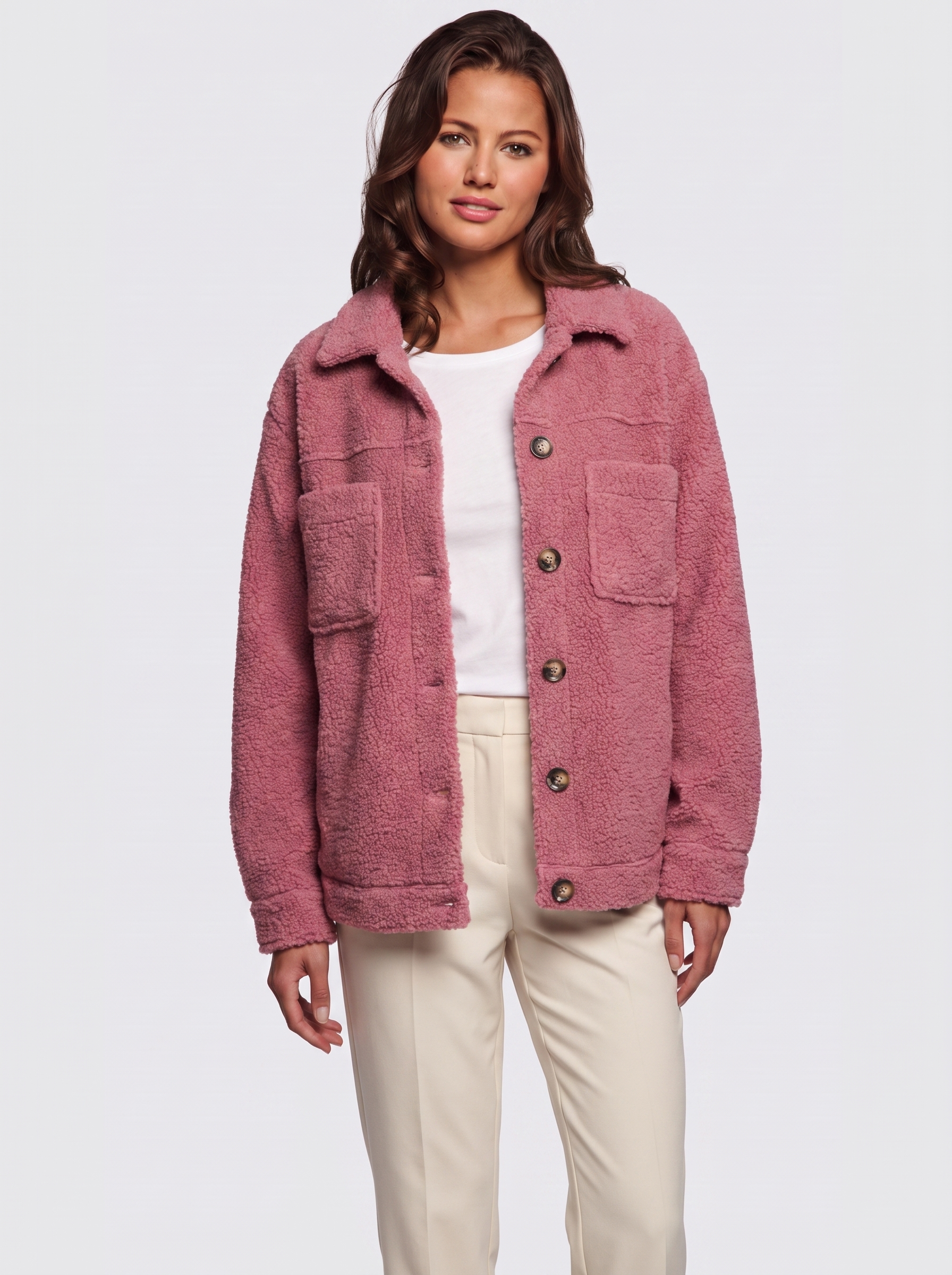 Ava Pink Button-Up Sherpa Jacket - three quarter