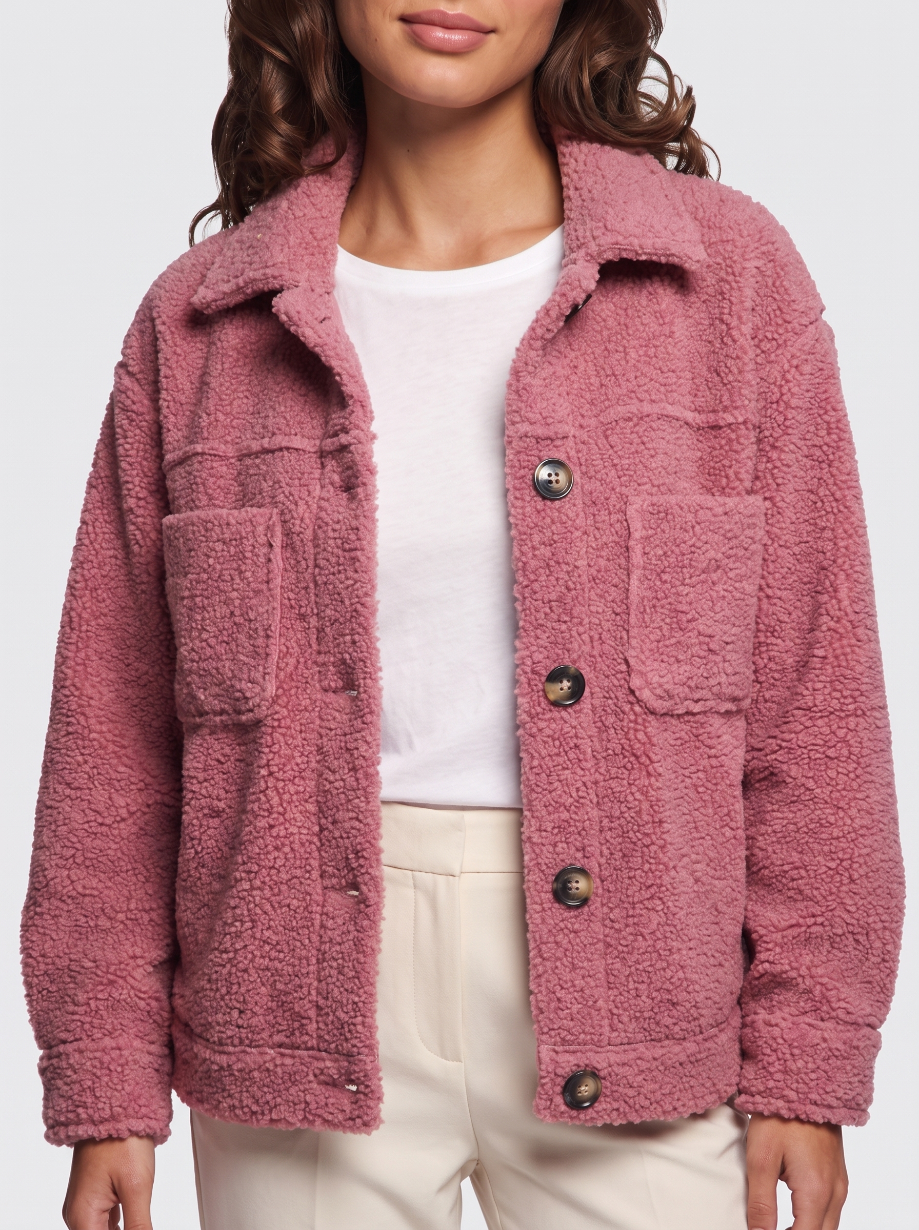 Ava Pink Button-Up Sherpa Jacket - detail