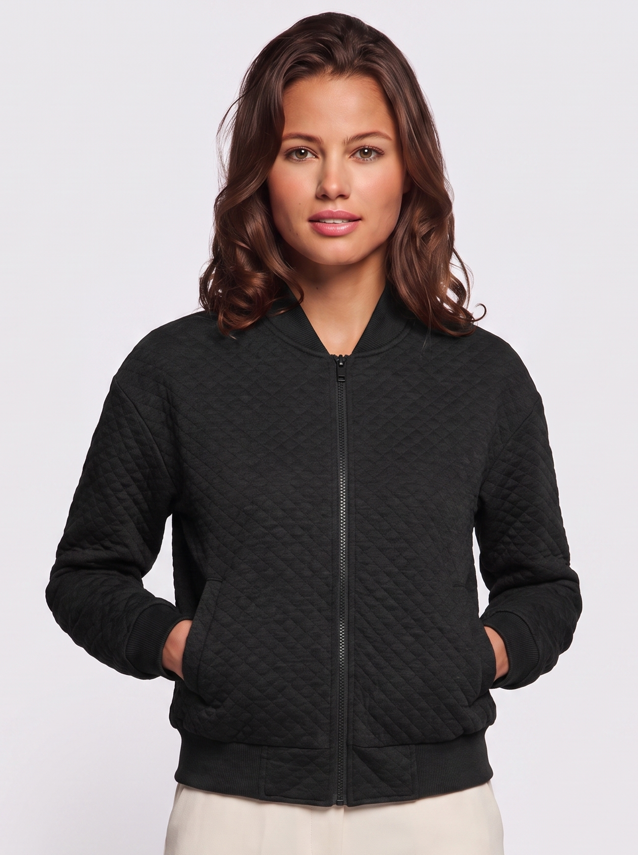 Ava Black Quilted Ribbed-Collar Jacket - front
