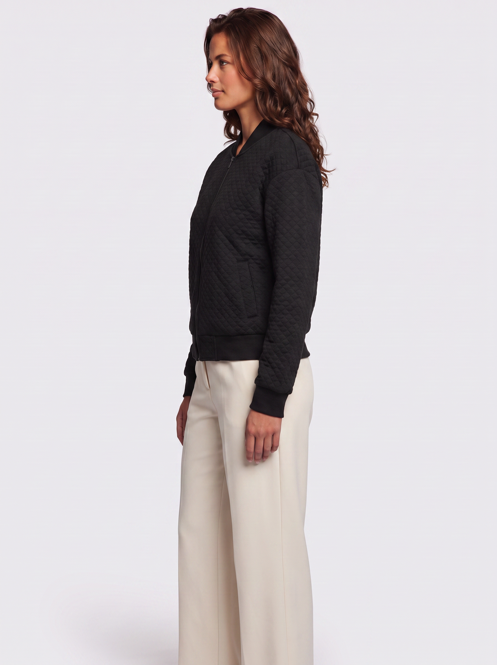 Ava Black Quilted Ribbed-Collar Jacket - side