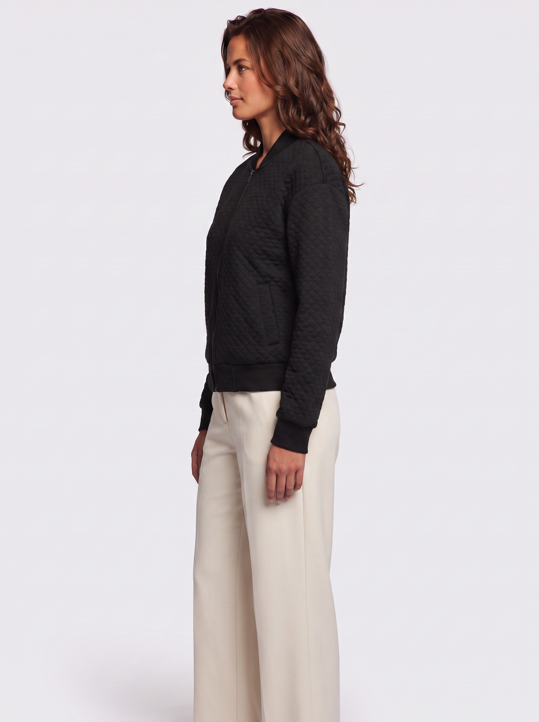Ava Black Quilted Ribbed-Collar Jacket - side