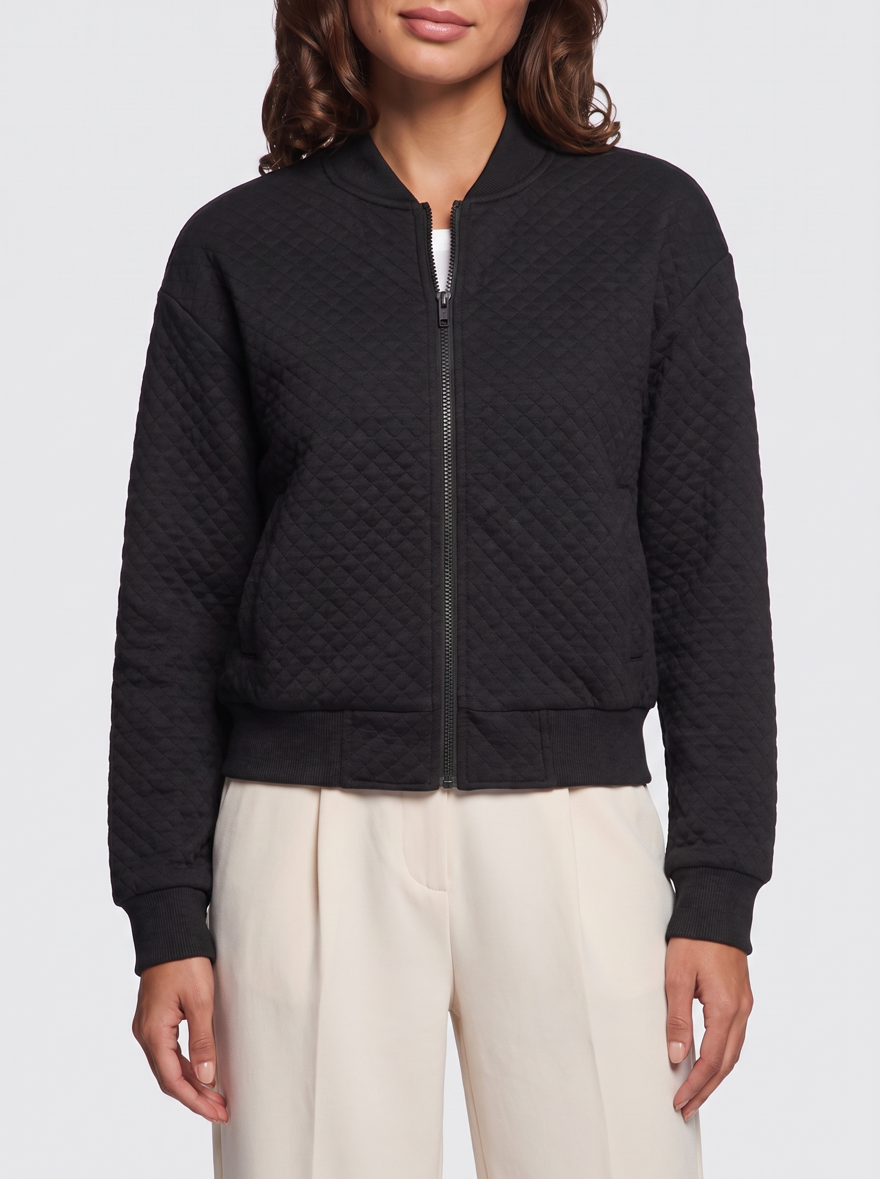 Ava Black Quilted Ribbed-Collar Jacket - detail