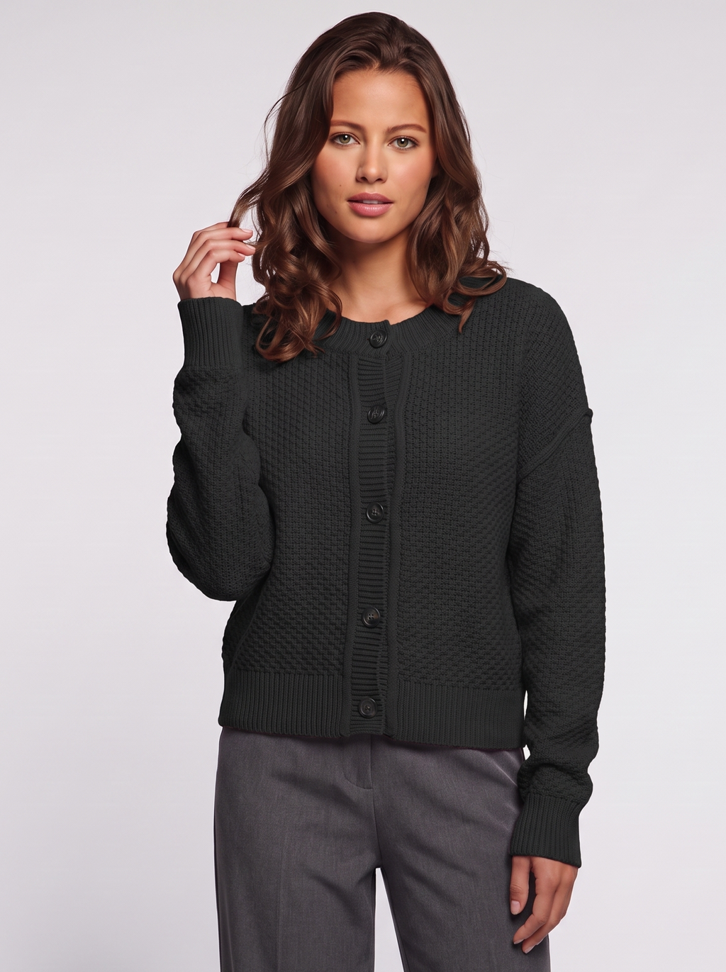 Ava Black Waffle Knit Cardigan - front