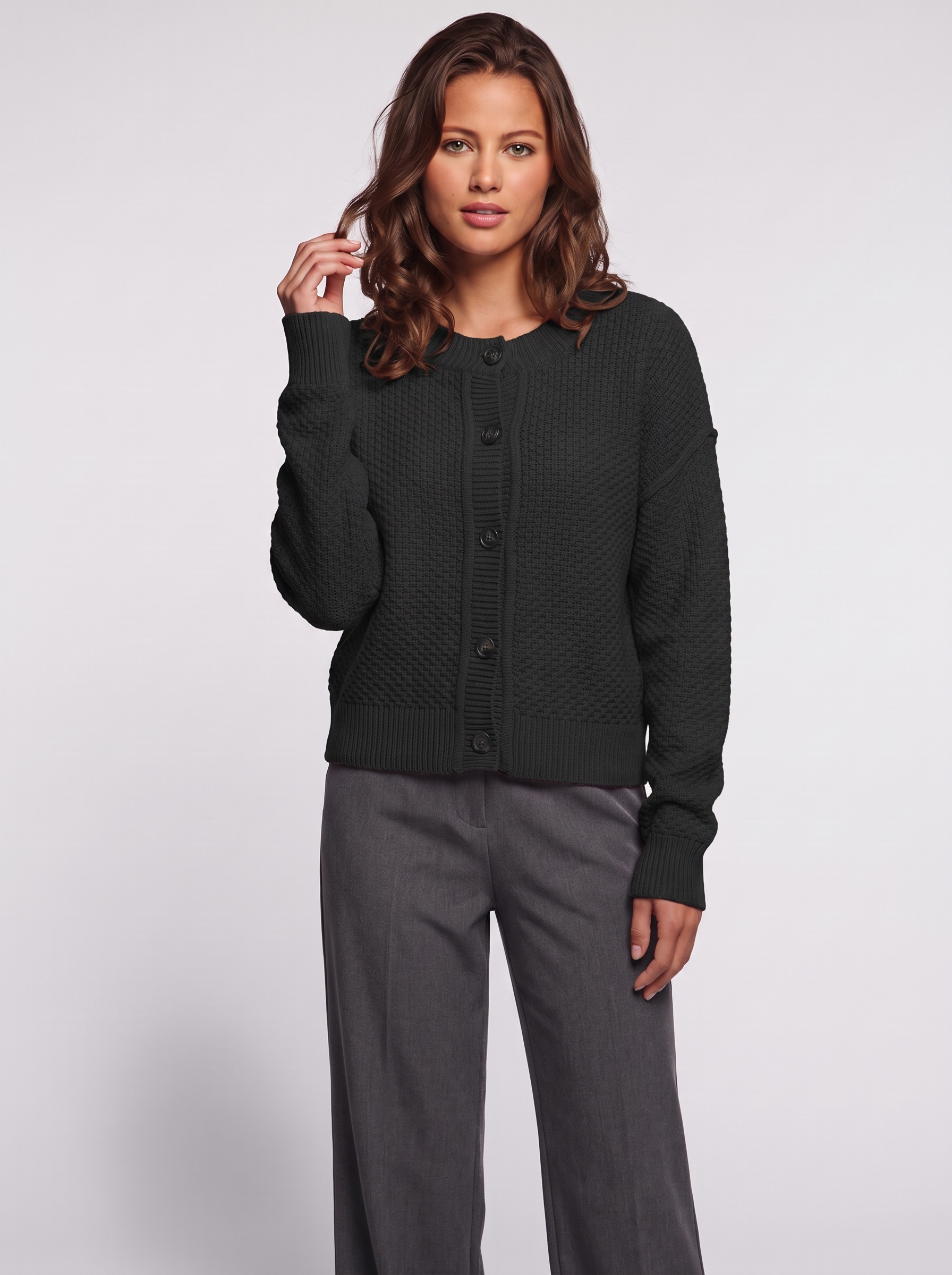 Ava Black Waffle Knit Cardigan - front