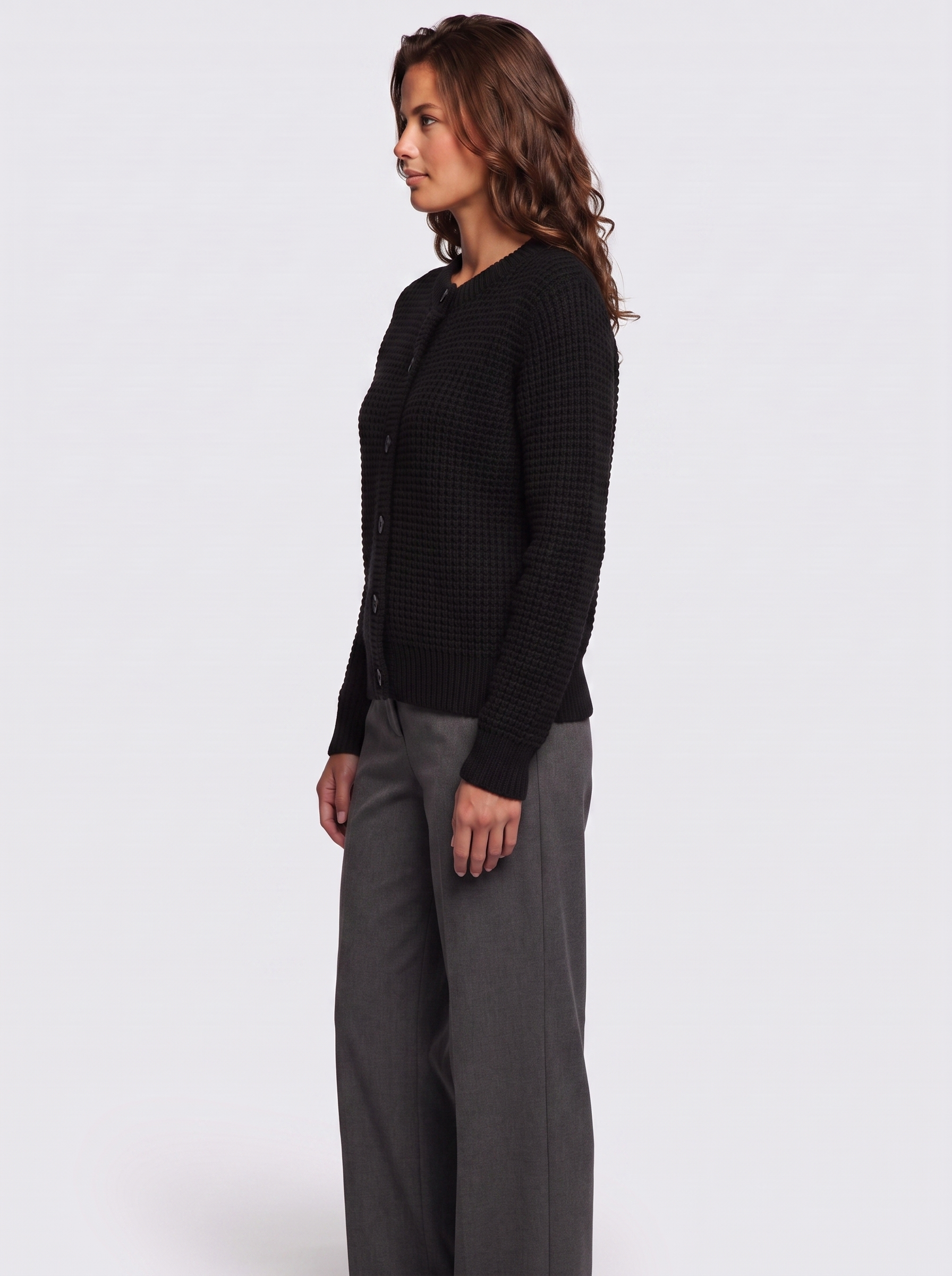 Ava Black Waffle Knit Cardigan - side