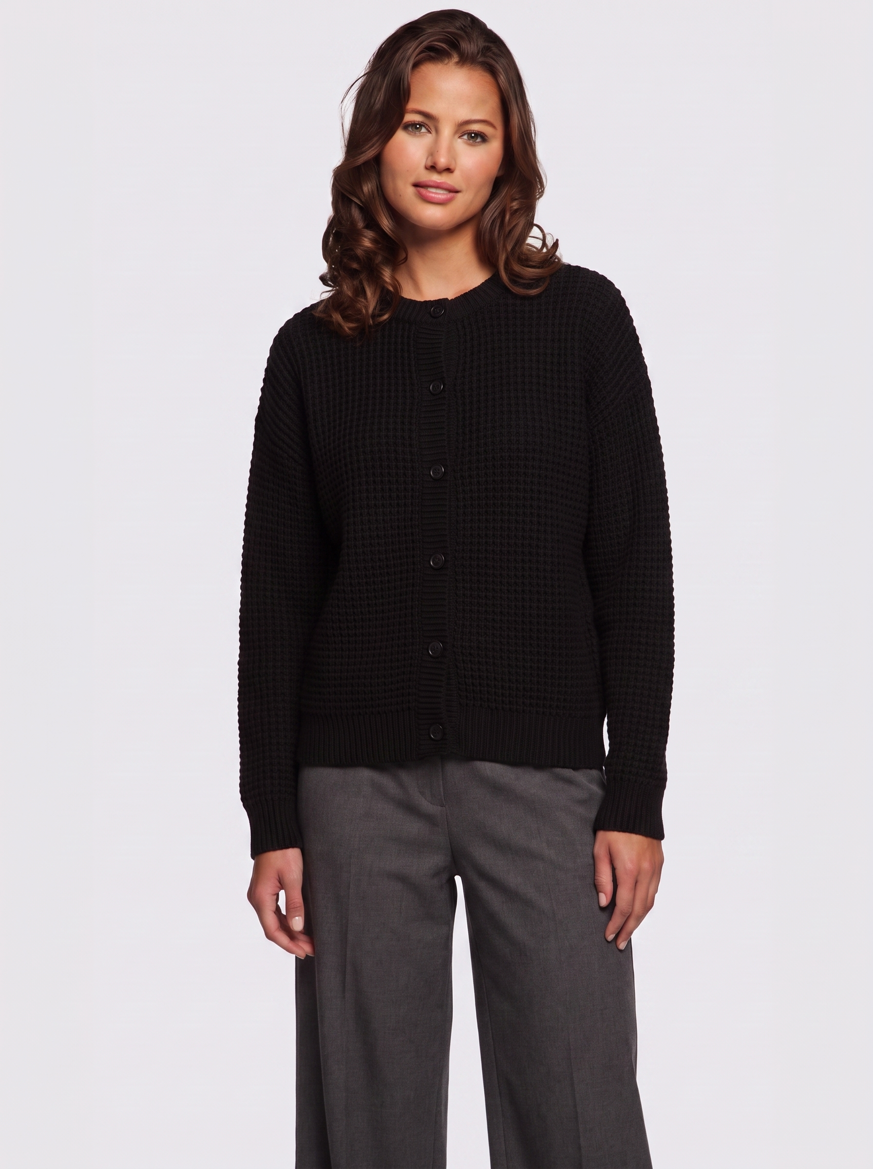 Ava Black Waffle Knit Cardigan - three quarter